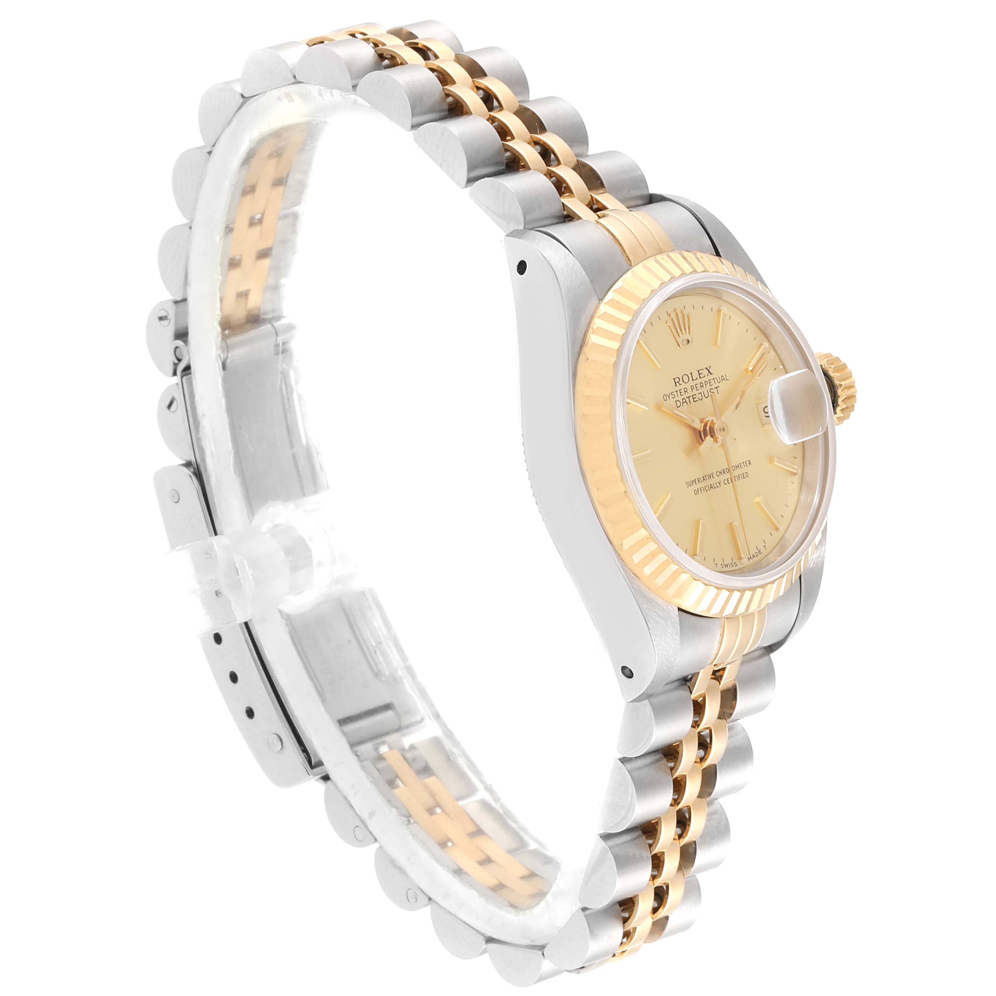 The Rolex Datejust 69173 Women's Steel and Gold (two tone) Champagne Dial 69173 Women's Steel and Gold (two tone) Champagne Dial watch is shown from an angled side view, displaying its face, two-tone bracelet, and crown.