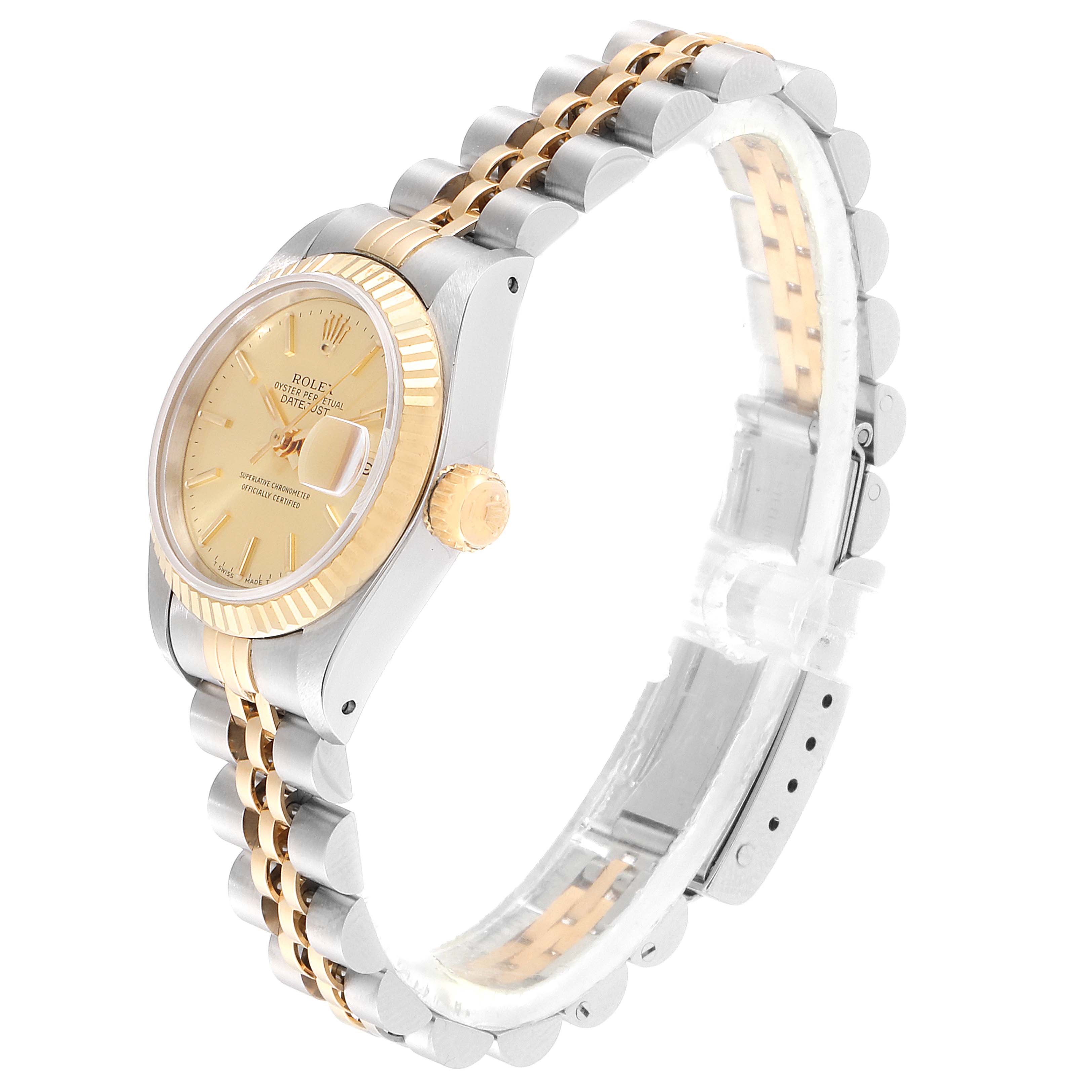 The Rolex Datejust 69173 Women's Steel and Gold (two tone) Champagne Dial 69173 Women's Steel and Gold (two tone) Champagne Dial watch, at a side angle, shows its dial, crown, and Jubilee bracelet.