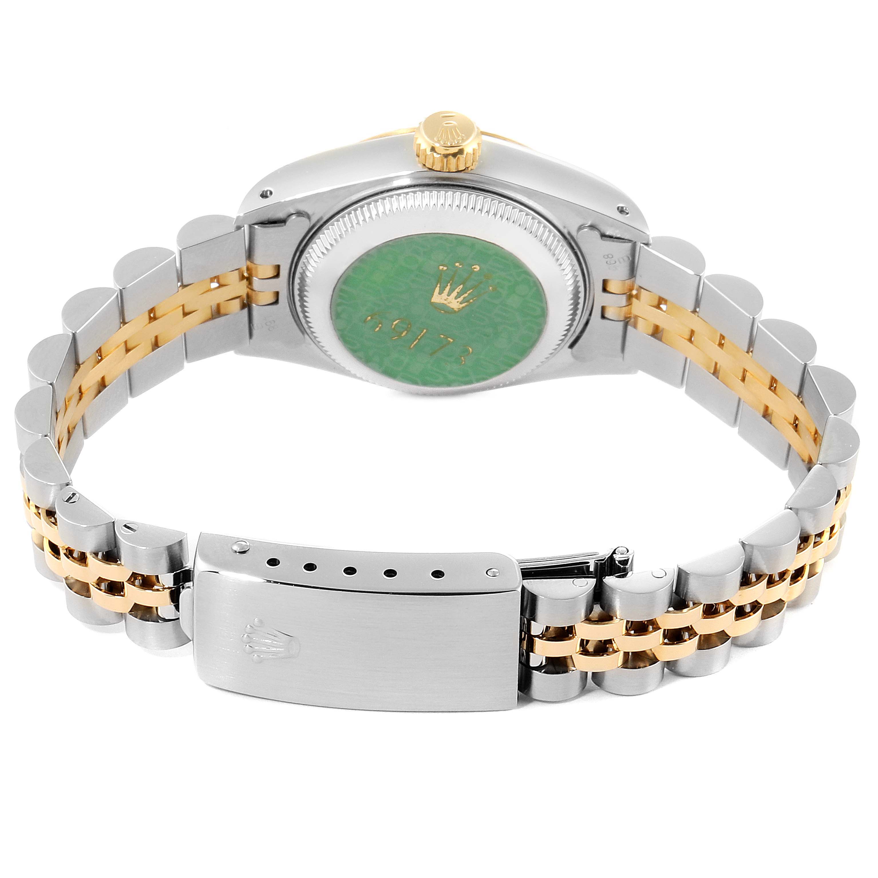 The image shows the back case and bracelet of a Rolex Datejust 69173 Women's Steel and Gold (two tone) Champagne Dial 69173 Women's Steel and Gold (two tone) Champagne Dial watch, emphasizing the clasp and crown.