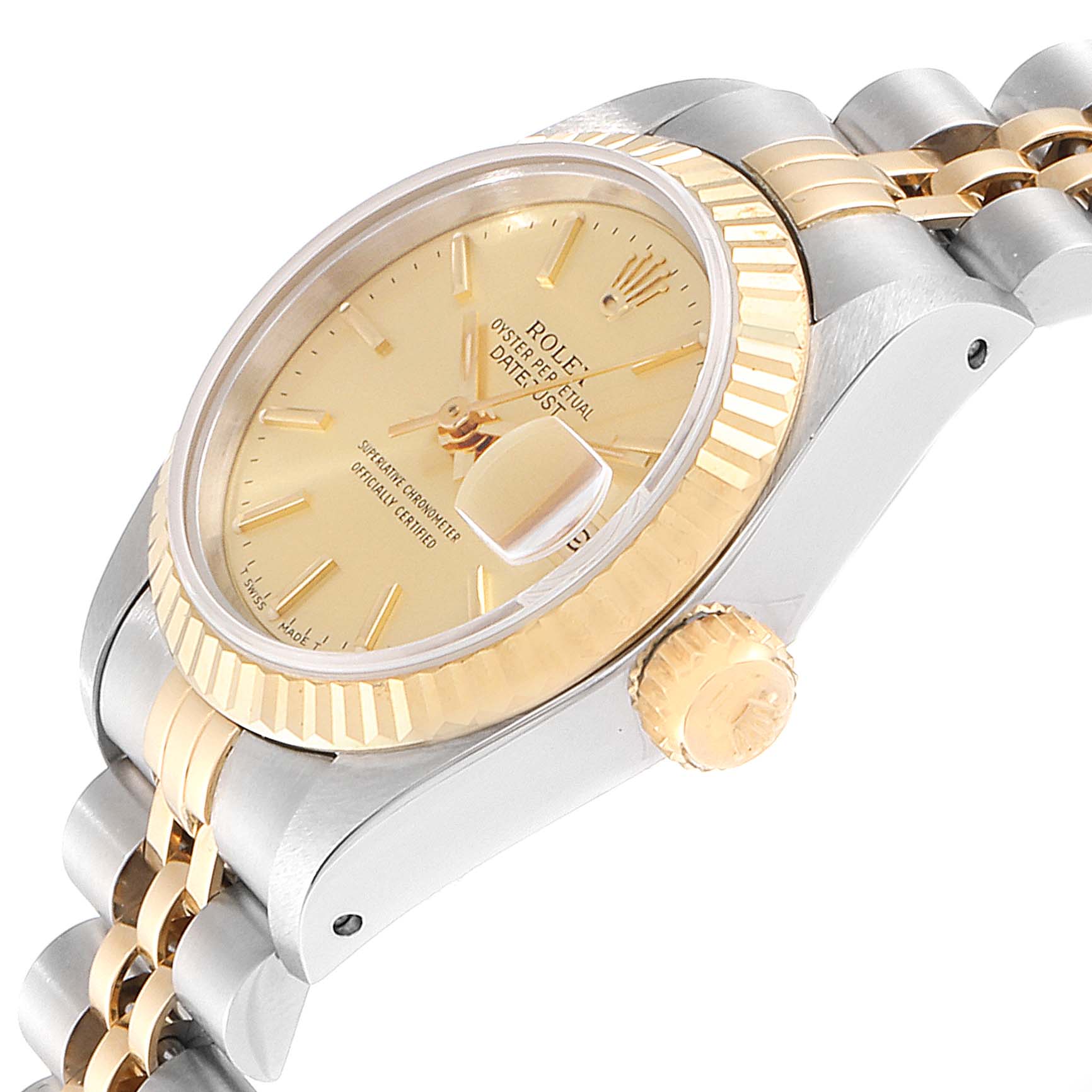 The image shows a close-up of the Rolex Datejust 69173 Women's Steel and Gold (two tone) Champagne Dial 69173 Women's Steel and Gold (two tone) Champagne Dial watch, highlighting the gold fluted bezel, crown, and part of the two-tone bracelet.
