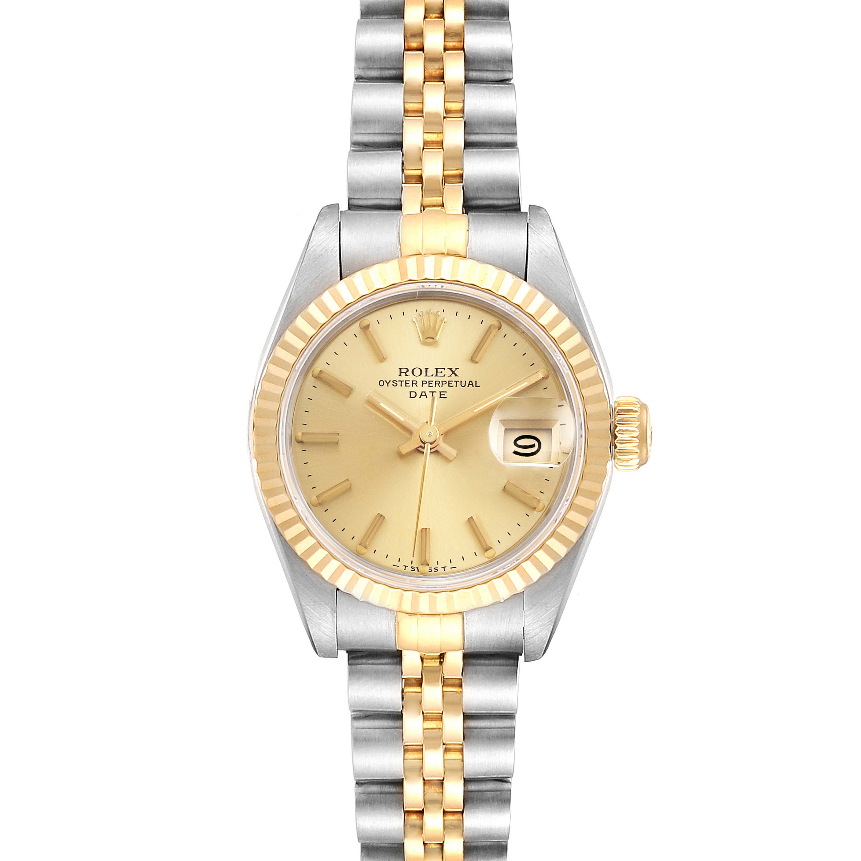 The image shows a frontal view of a Rolex Datejust 69173 Women's Steel and Gold (two tone) Champagne Dial 69173 Women's Steel and Gold (two tone) Champagne Dial, highlighting its gold and silver bracelet, fluted bezel, and date window.