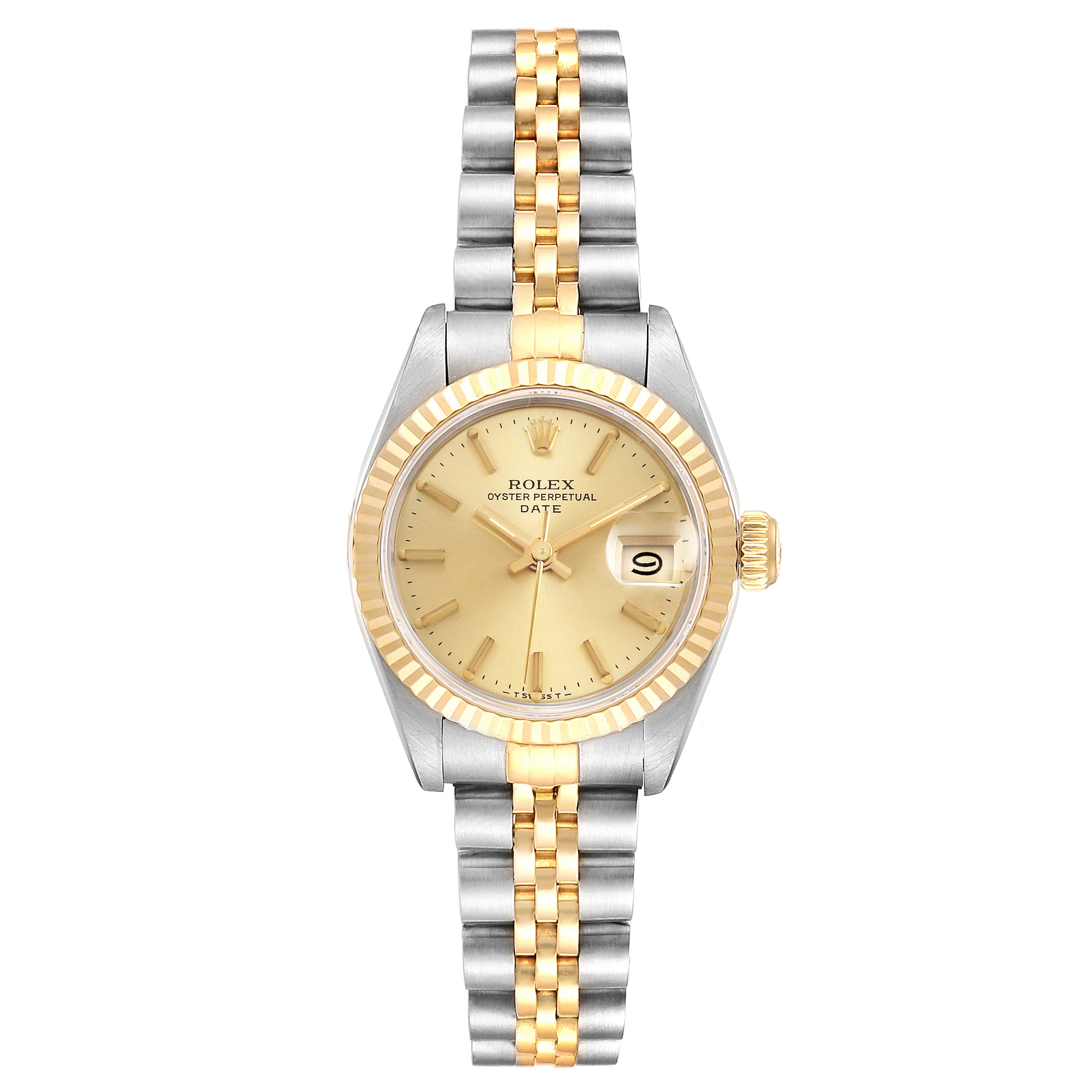 This image shows a front view of a Rolex Datejust 69173 Women's Steel and Gold (two tone) Champagne Dial 69173 Women's Steel and Gold (two tone) Champagne Dial watch, highlighting its two-tone bracelet, fluted bezel, and date feature.