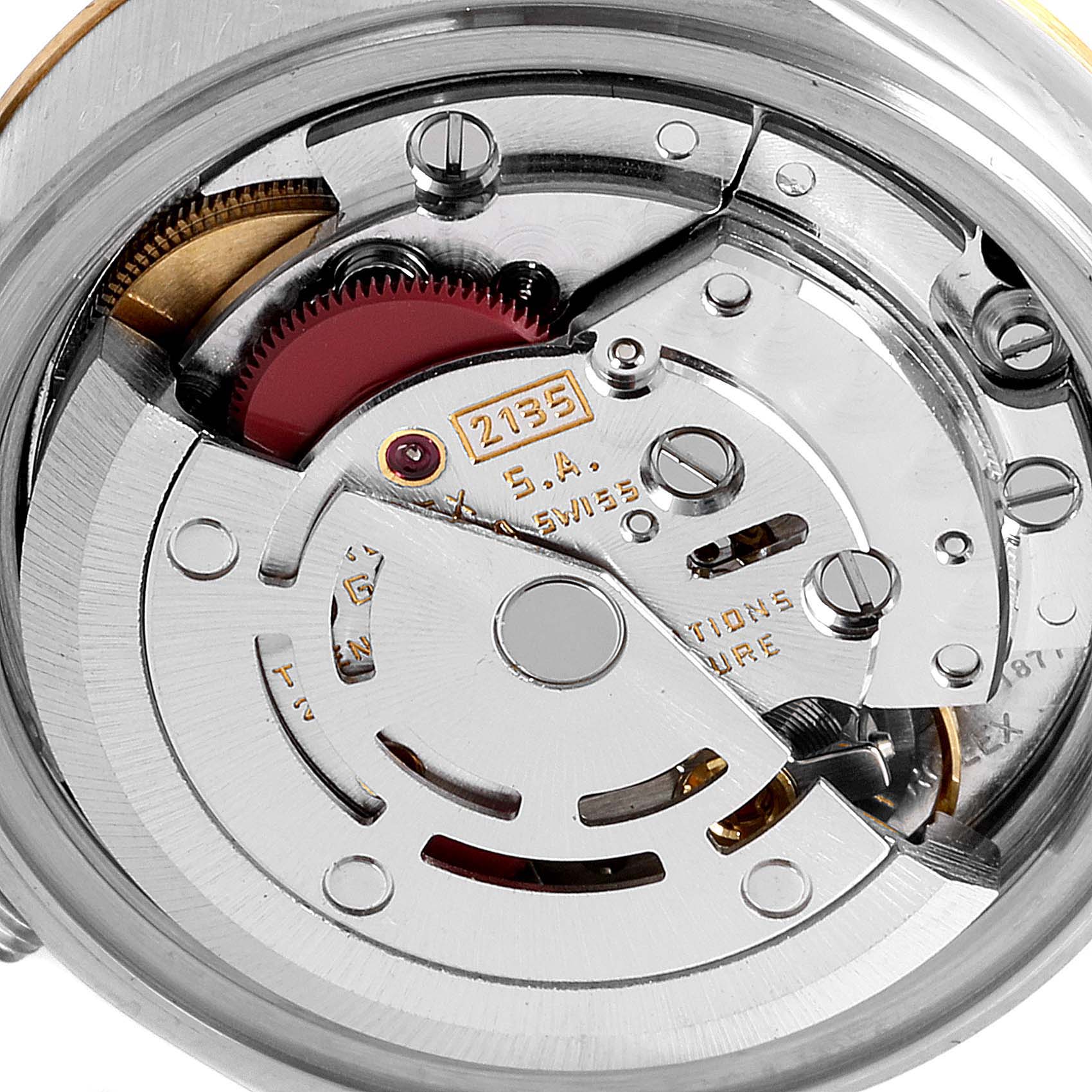 This shows the inner mechanical movement of a Rolex Datejust 69173 Women's Steel and Gold (two tone) Champagne Dial 69173 Women's Steel and Gold (two tone) Champagne Dial watch from a close-up angle.