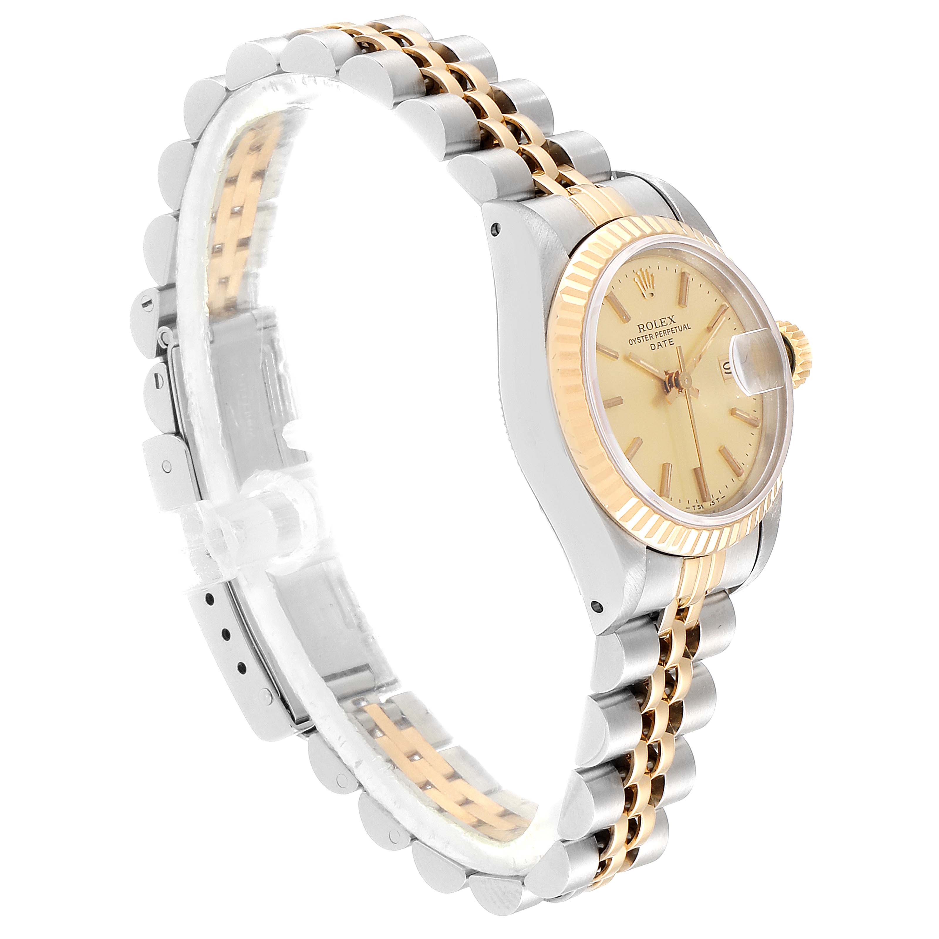 The Rolex Datejust 69173 Women's Steel and Gold (two tone) Champagne Dial 69173 Women's Steel and Gold (two tone) Champagne Dial watch is shown at a three-quarter angle, displaying the dial, bezel, and two-tone bracelet.