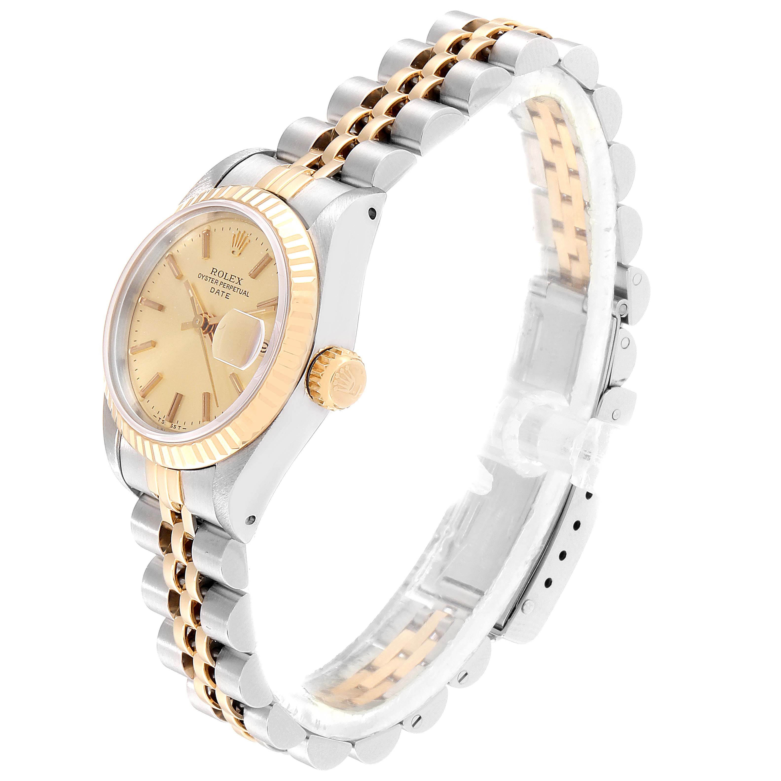 The image shows a side view of a Rolex Datejust 69173 Women's Steel and Gold (two tone) Champagne Dial 69173 Women's Steel and Gold (two tone) Champagne Dial watch, highlighting the bracelet, dial, crown, and fluted bezel.