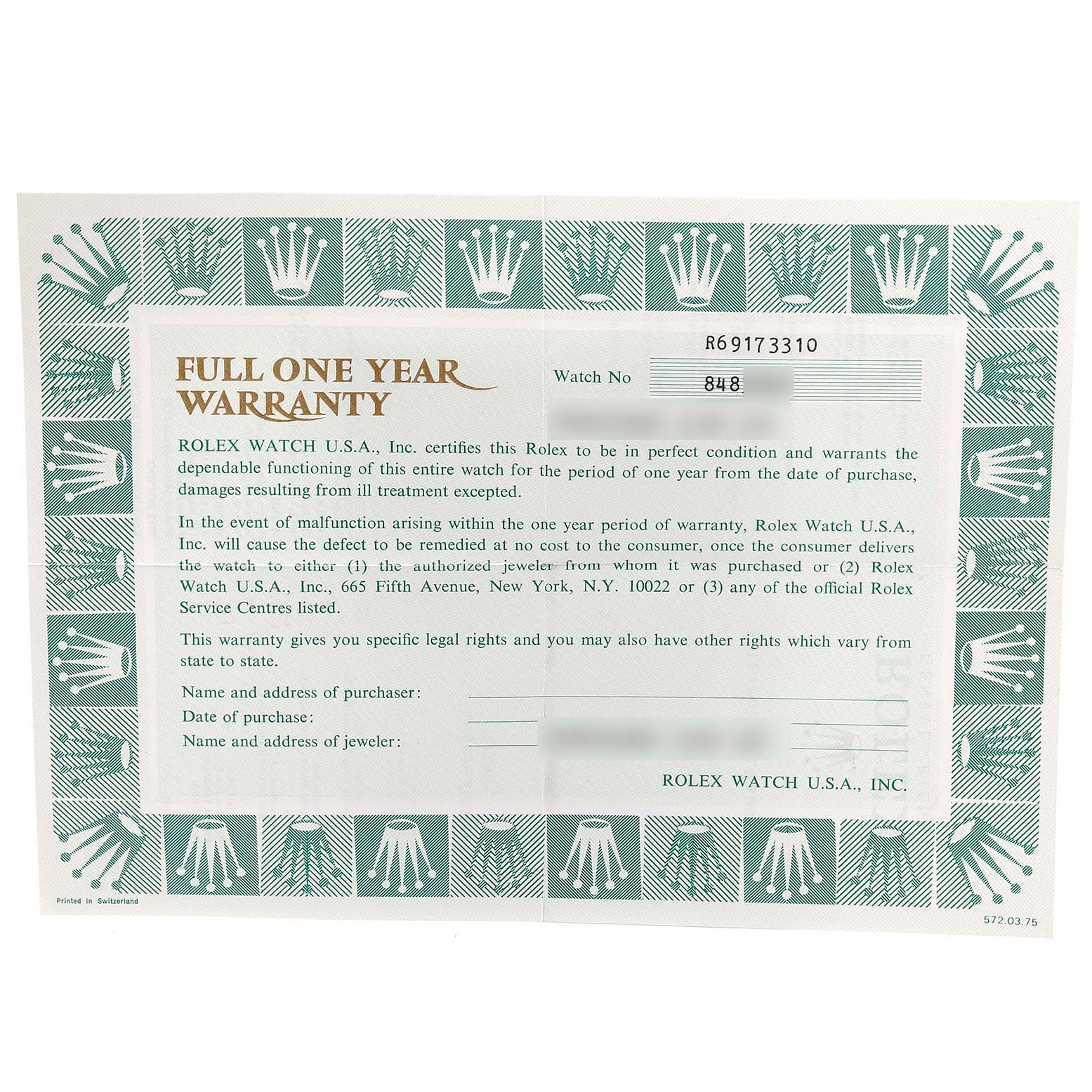 This image shows a Full One Year Warranty card for the Rolex Datejust 69173 Women's Steel and Gold (two tone) Champagne Dial 69173 Women's Steel and Gold (two tone) Champagne Dial model watch.