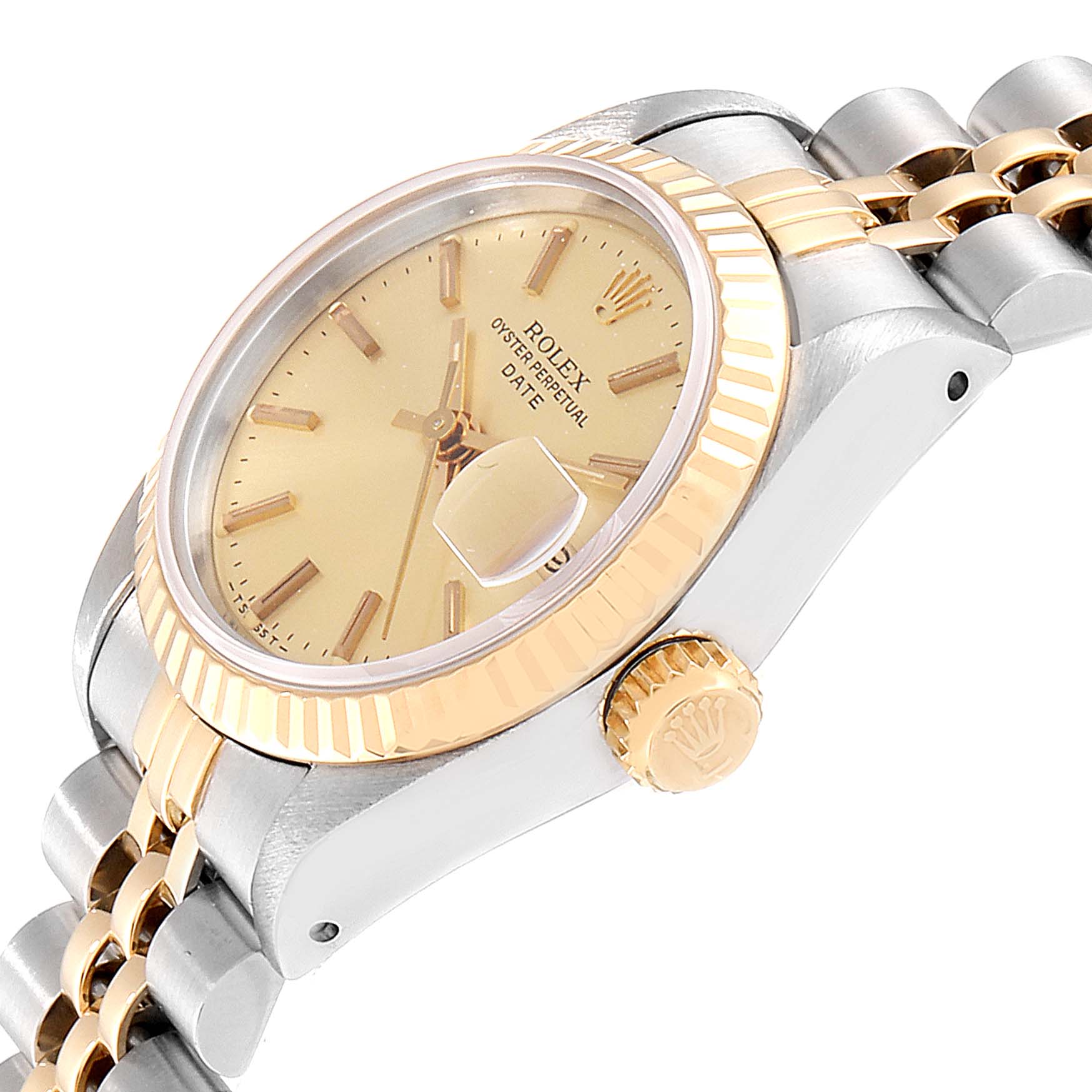 The image shows a Rolex Datejust 69173 Women's Steel and Gold (two tone) Champagne Dial 69173 Women's Steel and Gold (two tone) Champagne Dial watch angled to display its face, bezel, crown, and part of the bracelet.