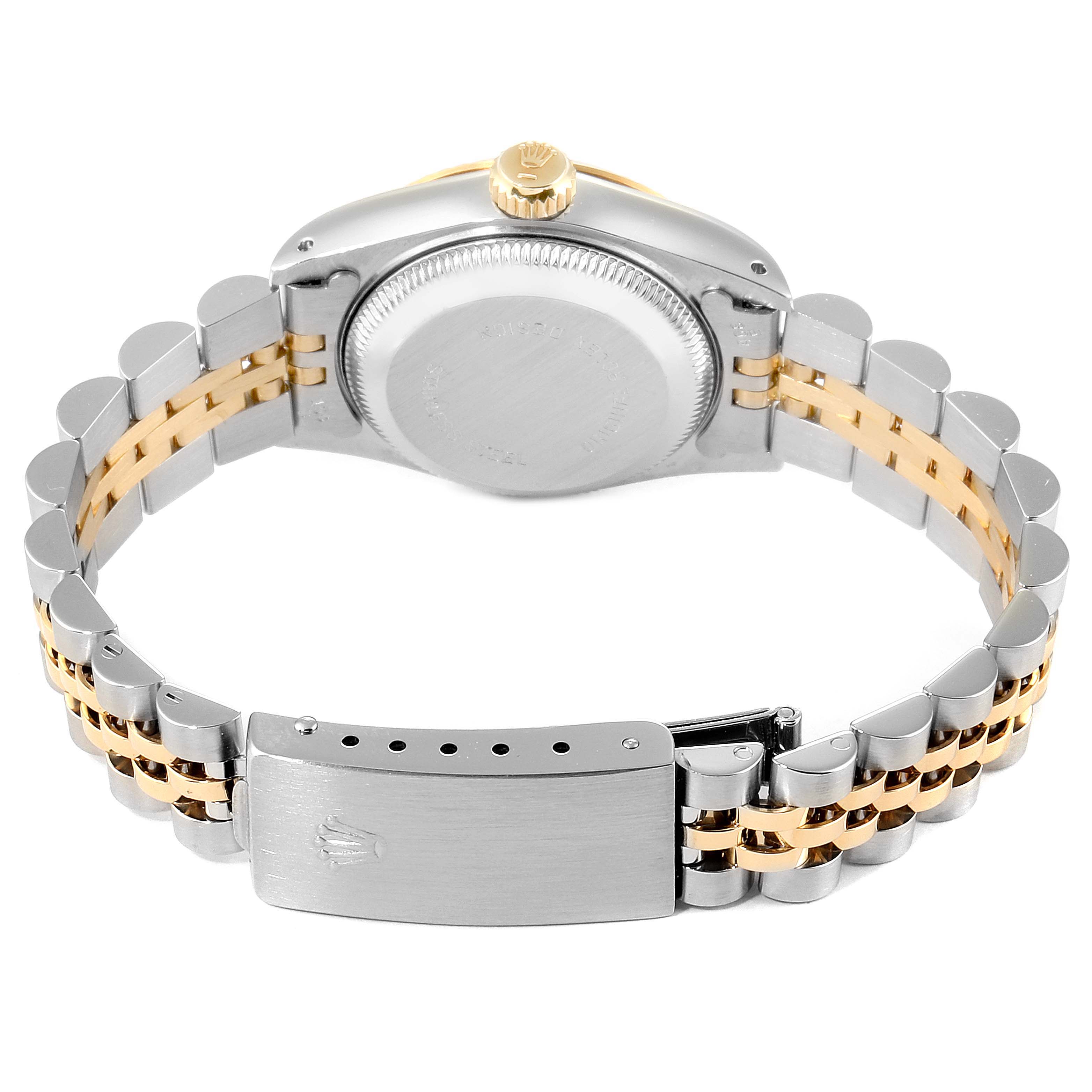 This image shows the back view of a Rolex Datejust 69173 Women's Steel and Gold (two tone) Champagne Dial 69173 Women's Steel and Gold (two tone) Champagne Dial watch, highlighting the case back, bracelet, and clasp.