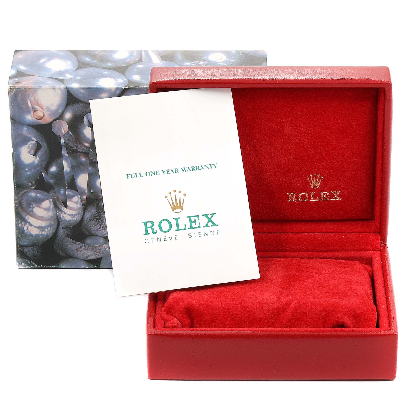 The image shows a Rolex Datejust 69173 Women's Steel and Gold (two tone) Champagne Dial 69173 Women's Steel and Gold (two tone) Champagne Dial watch box, red velvet interior, and a warranty card.