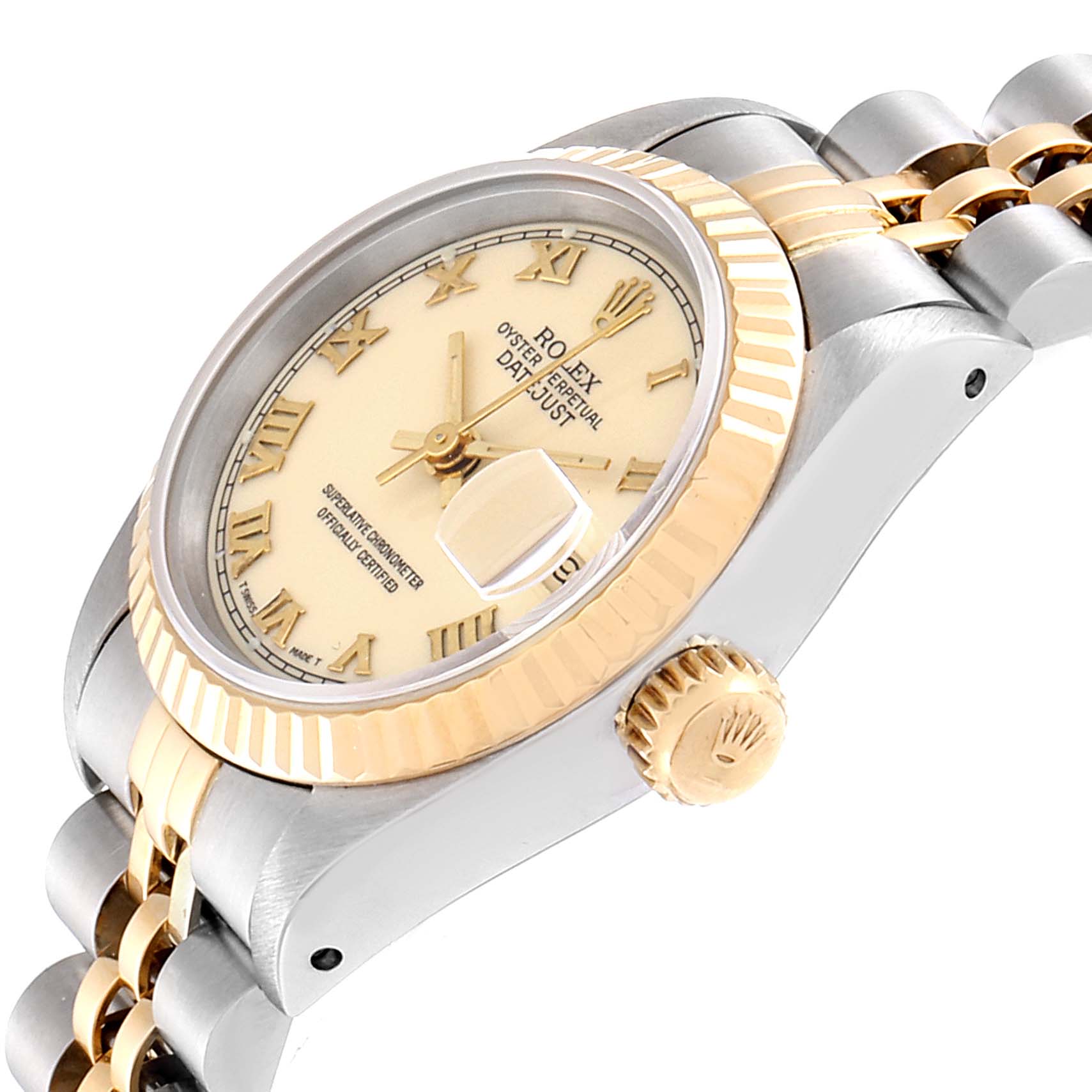 The image shows a side-angle view of a Rolex Datejust 69173 Women's Stainless Steel Beige Dial 69173 Women's Stainless Steel Beige Dial watch, highlighting its crown, bezel, dial, and partially the bracelet.