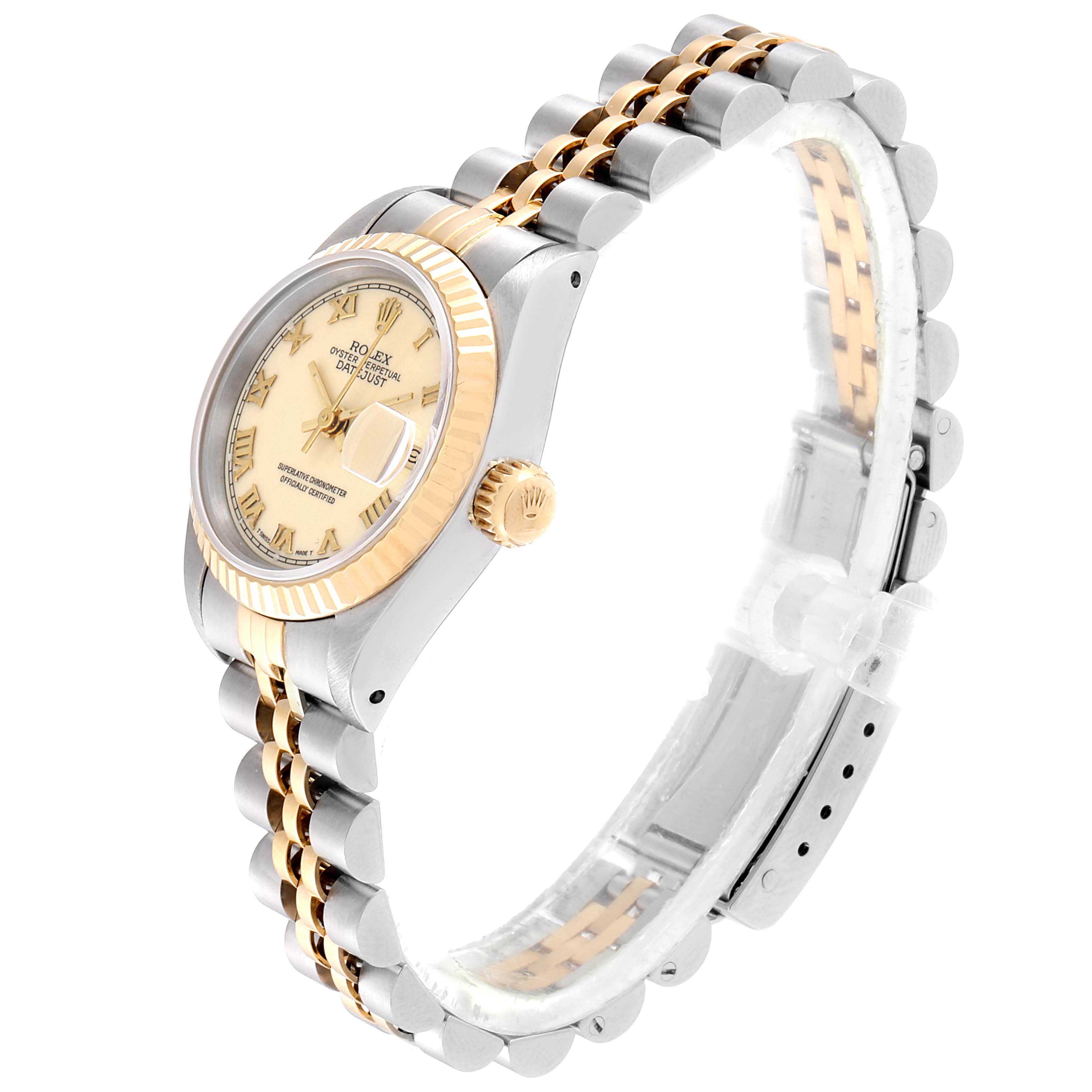 The Rolex Datejust 69173 Women's Stainless Steel Beige Dial 69173 Women's Stainless Steel Beige Dial watch is shown at a slight angle, highlighting the dial, bezel, crown, and bracelet.