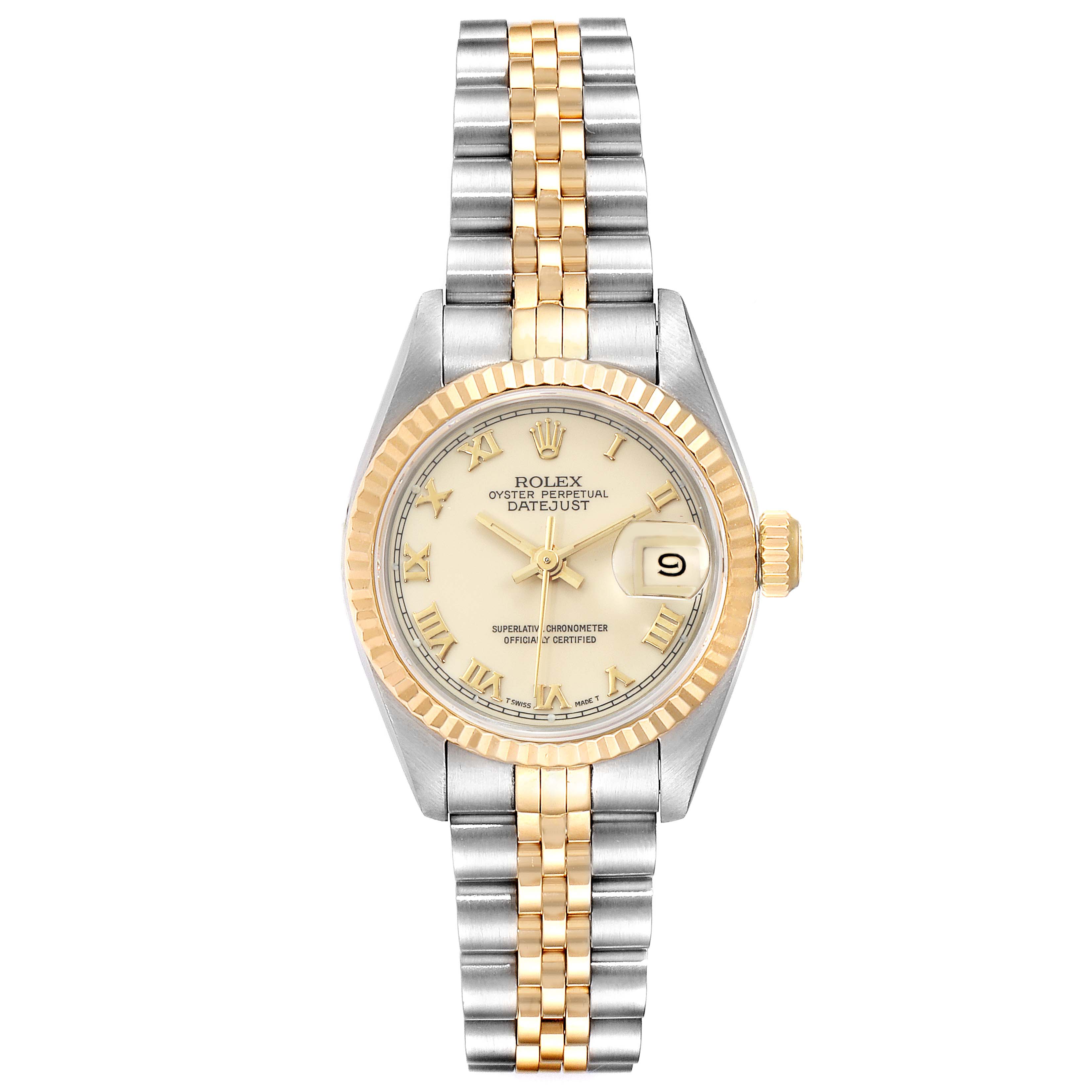 The Rolex Datejust 69173 Women's Stainless Steel Beige Dial 69173 Women's Stainless Steel Beige Dial watch is shown from a top-down angle, highlighting the bezel, dial, hands, date window, and bracelet.