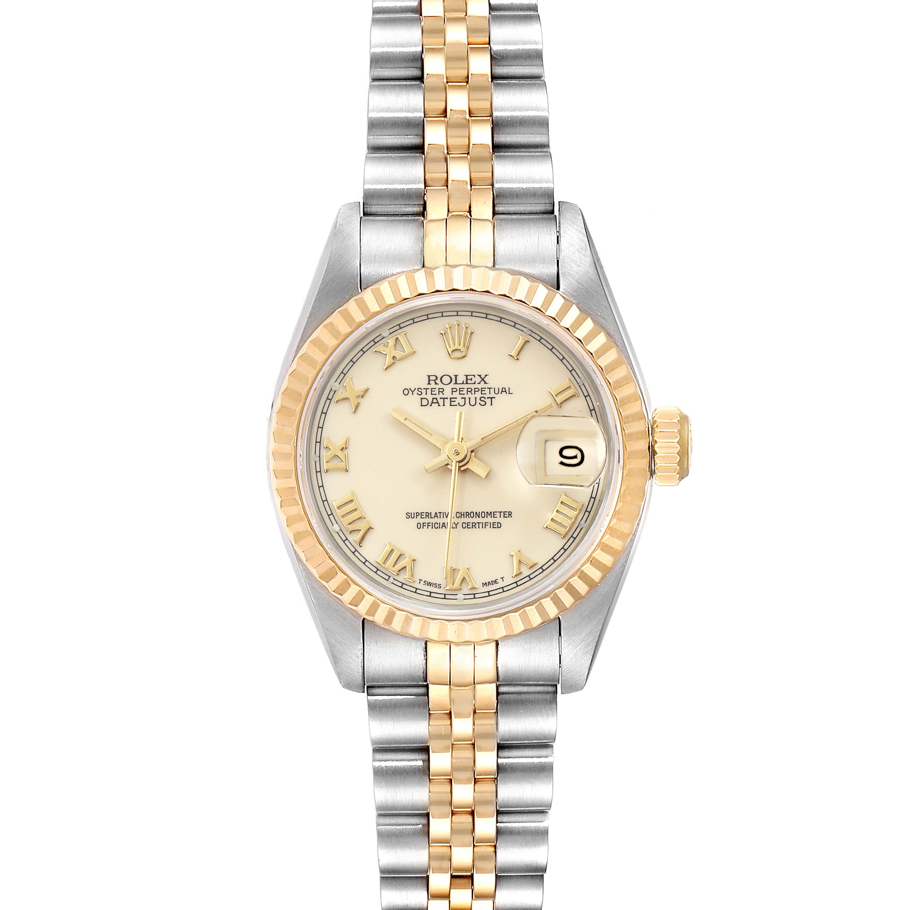 The image shows a Rolex Datejust 69173 Women's Stainless Steel Beige Dial 69173 Women's Stainless Steel Beige Dial watch from a top-down angle, featuring its dial, bezel, and bracelet.