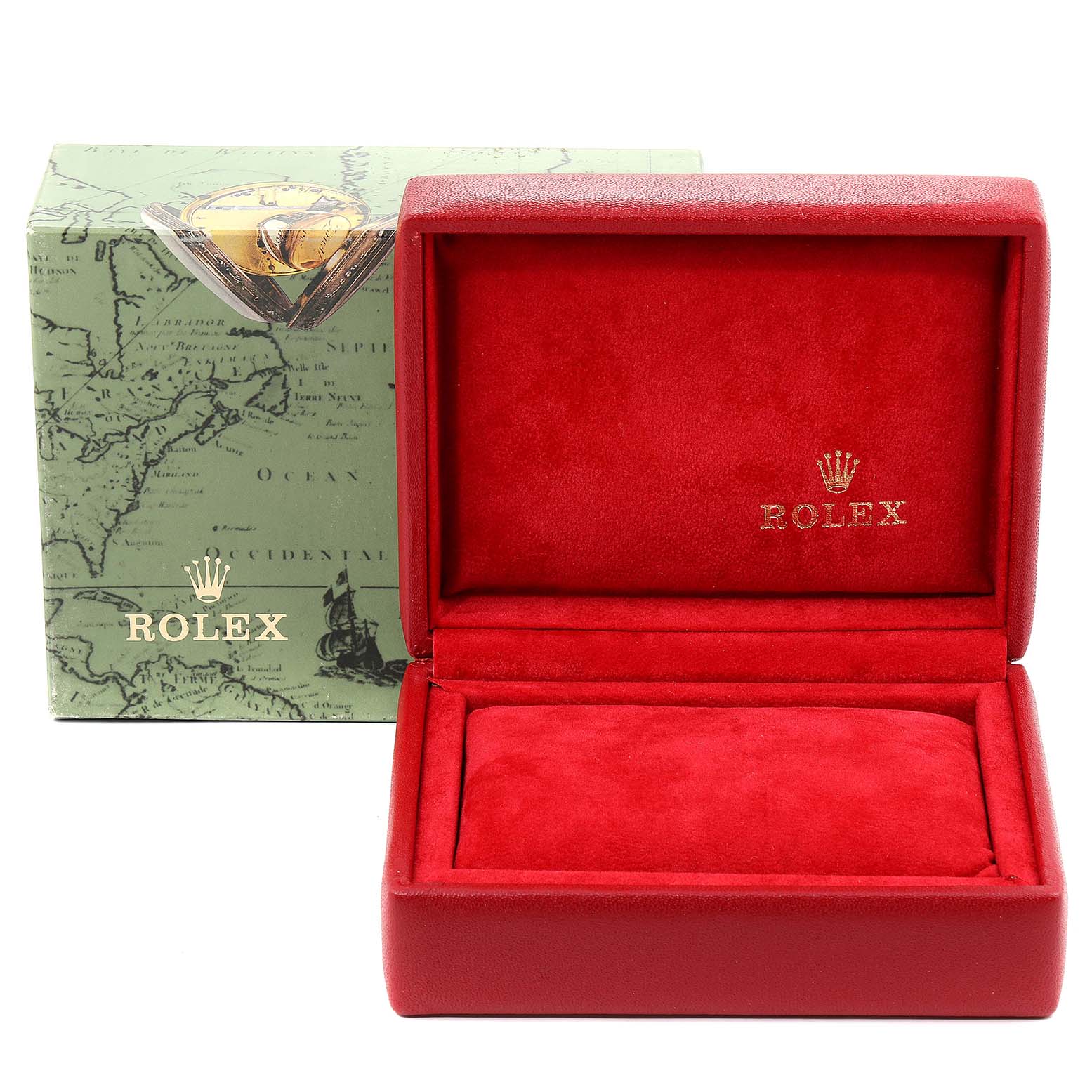 The image shows an angled view of an open red Rolex Datejust 69173 Women's Stainless Steel Beige Dial 69173 Women's Stainless Steel Beige Dial watch box, with a green outer box in the background.