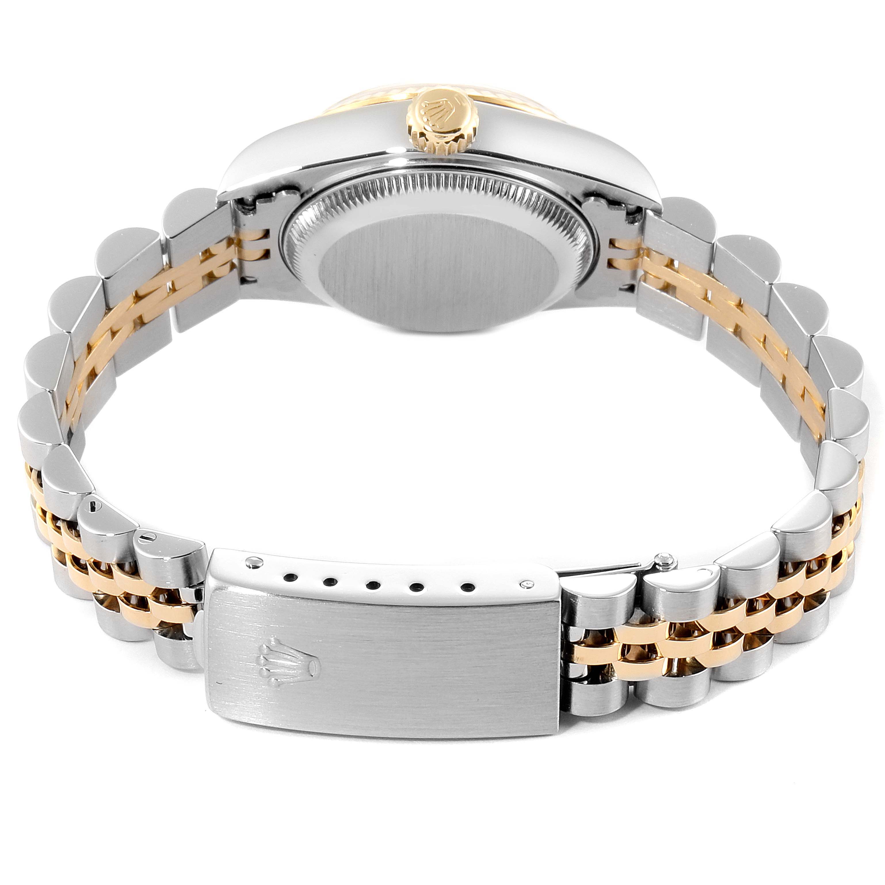 The image shows the back of a Rolex Datejust 69173 Women's Steel and Gold (two tone) Silver Dial 69173 Women's Steel and Gold (two tone) Silver Dial watch with a two-tone bracelet and clasp.