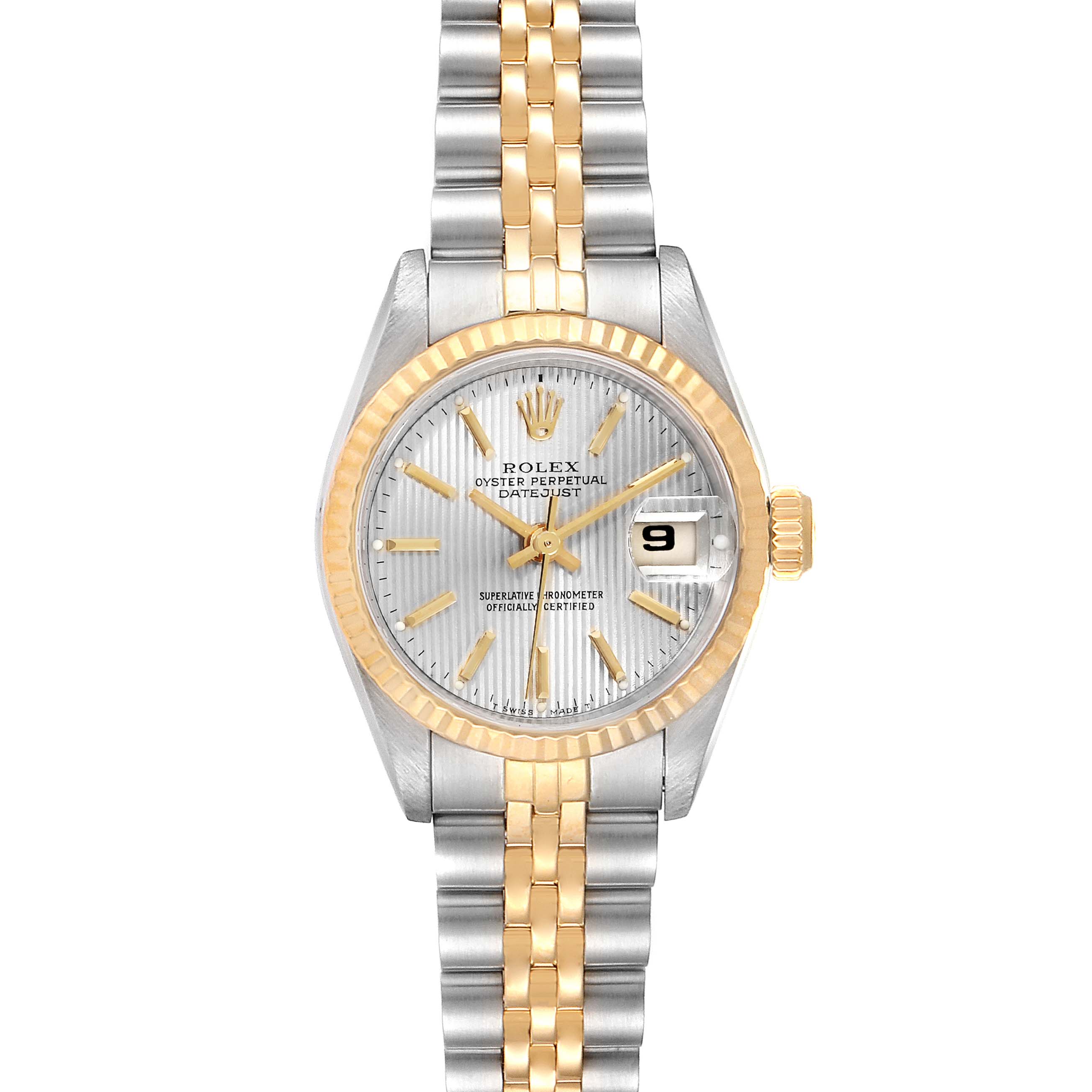 This image shows a front view of a Rolex Datejust 69173 Women's Steel and Gold (two tone) Silver Dial 69173 Women's Steel and Gold (two tone) Silver Dial watch featuring a two-tone bracelet, gold bezel, and a silver dial with a date display.
