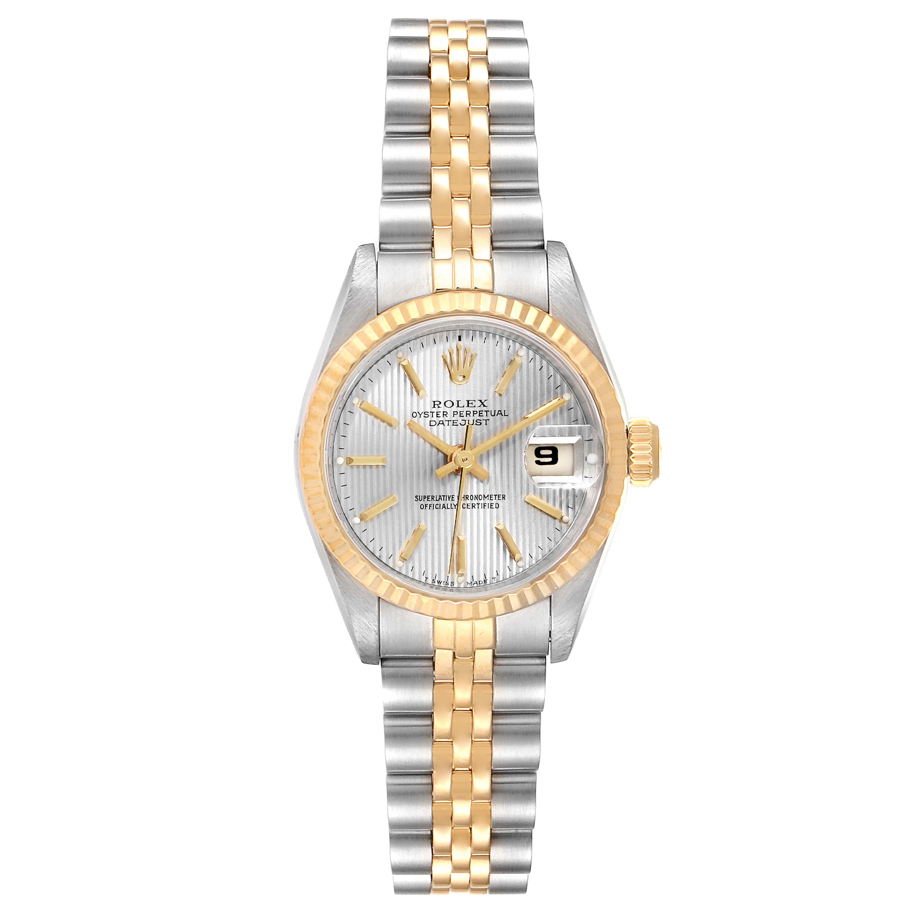 The Rolex Datejust 69173 Women's Steel and Gold (two tone) Silver Dial 69173 Women's Steel and Gold (two tone) Silver Dial watch is shown from a front angle displaying its dial, bezel, case, and bracelet.