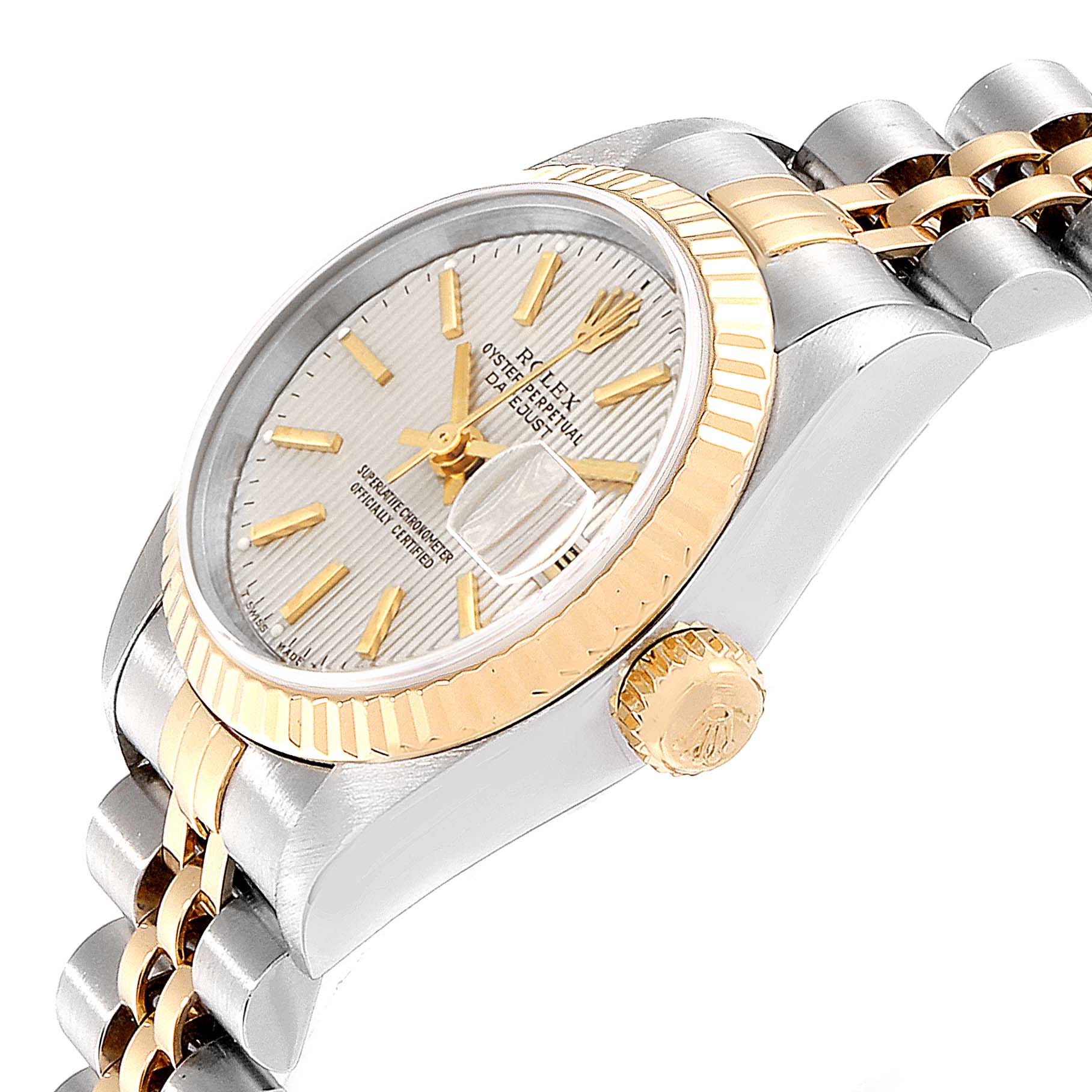 This image shows a side view of the Rolex Datejust 69173 Women's Steel and Gold (two tone) Silver Dial 69173 Women's Steel and Gold (two tone) Silver Dial, highlighting the dial, bezel, crown, and bracelet.