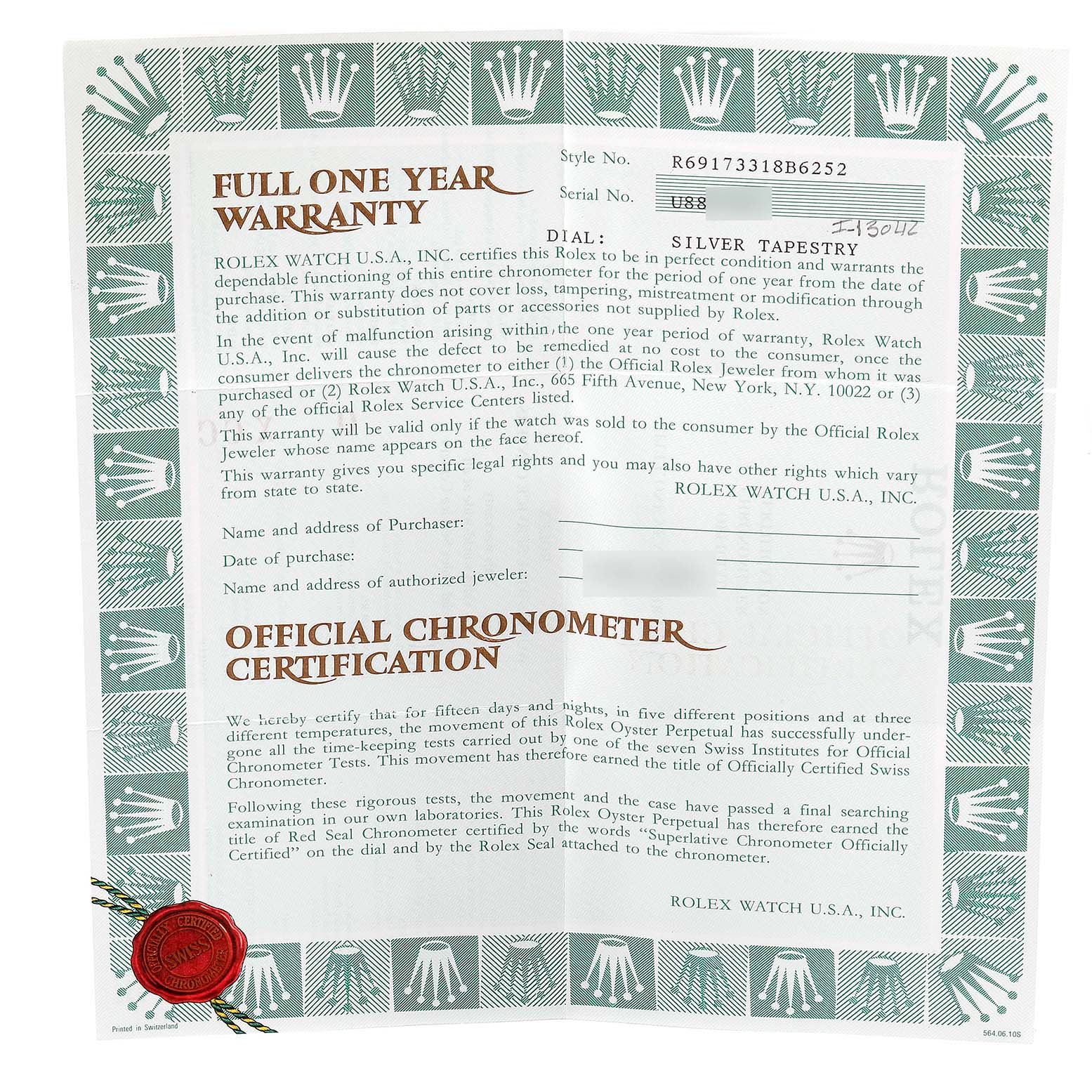 This image shows the warranty card and official chronometer certification for a Rolex Datejust 69173 Women's Steel and Gold (two tone) Silver Dial 69173 Women's Steel and Gold (two tone) Silver Dial model watch.