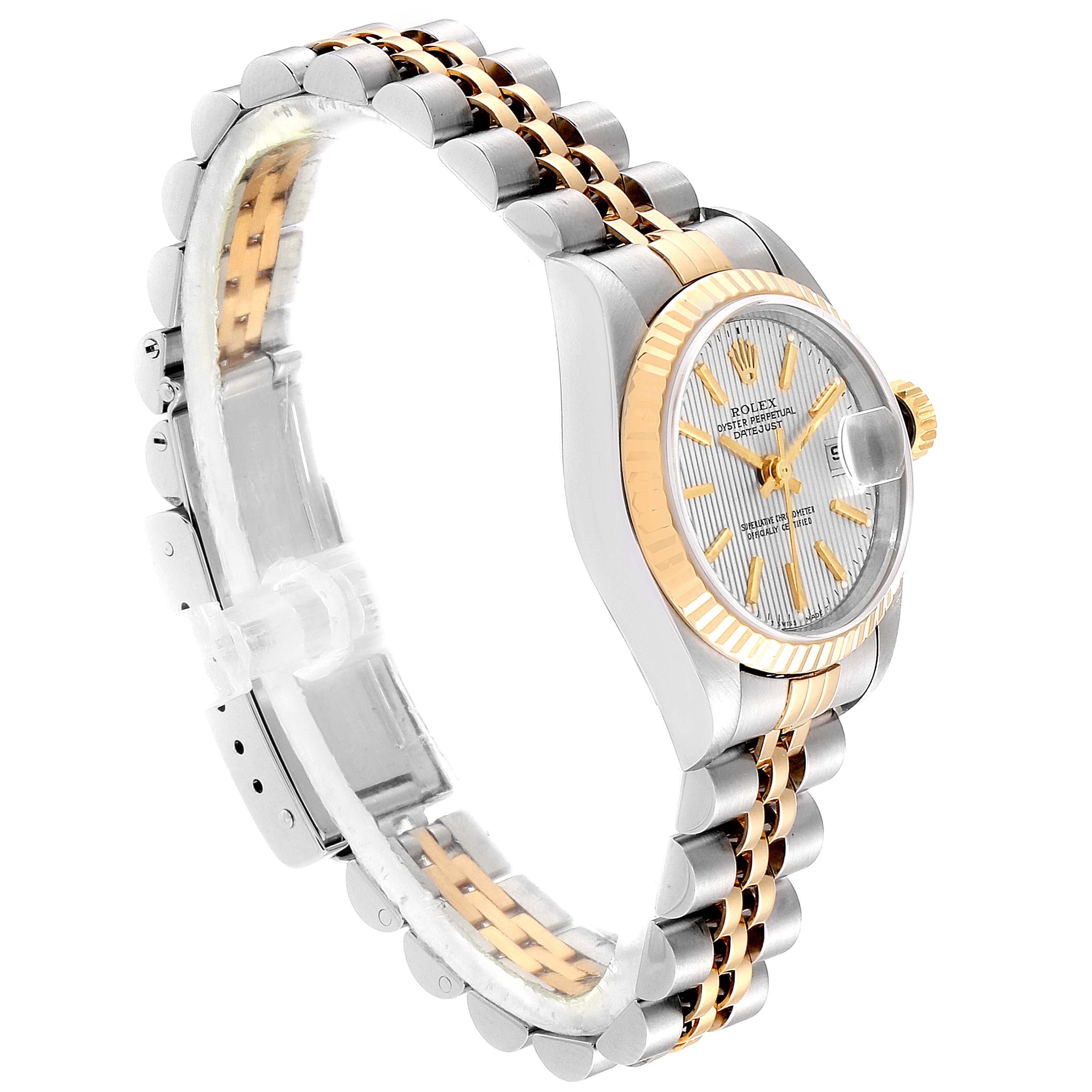 This image shows a side angle view of a Rolex Datejust 69173 Women's Steel and Gold (two tone) Silver Dial 69173 Women's Steel and Gold (two tone) Silver Dial watch, highlighting its two-tone strap and the watch face.