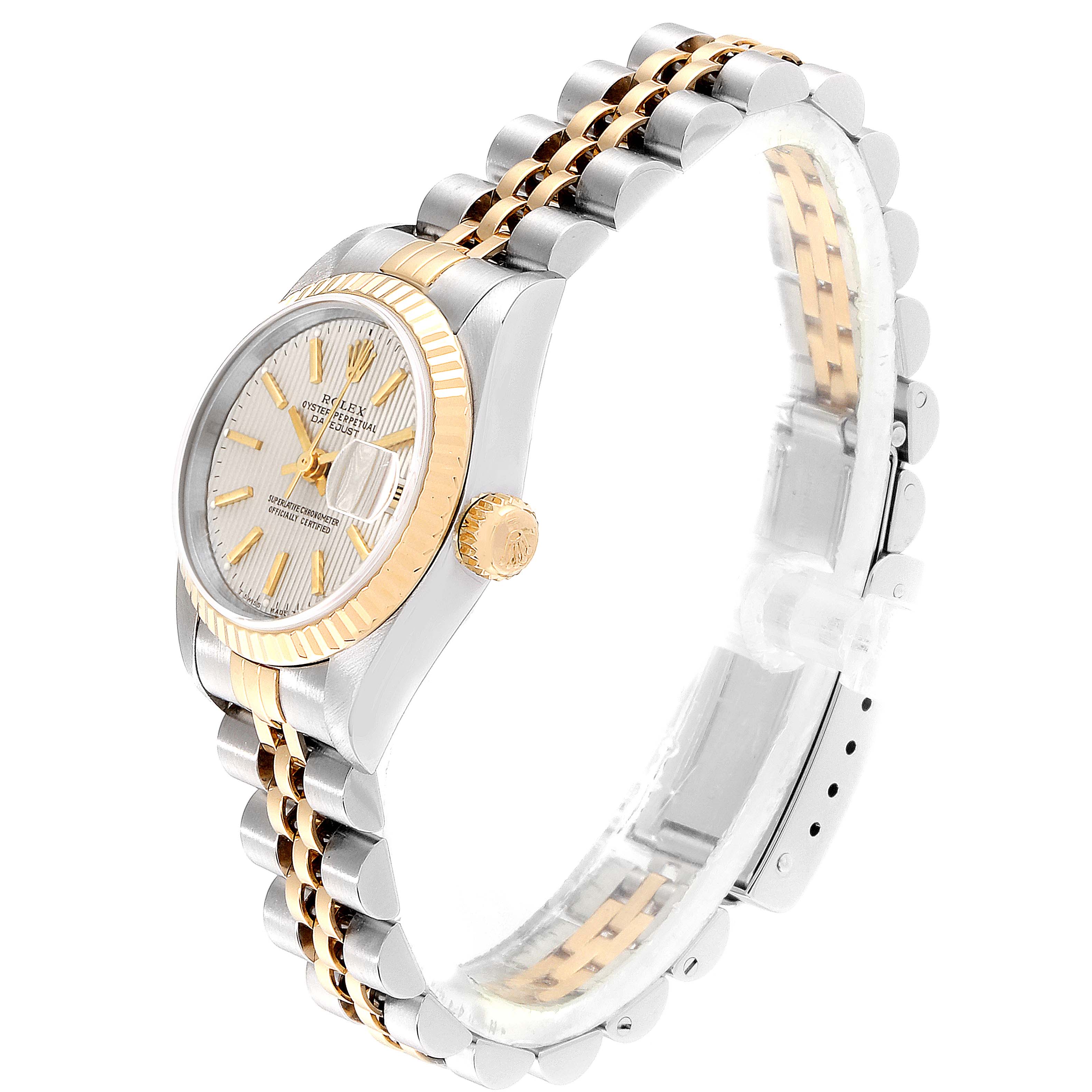 The image shows a Rolex Datejust 69173 Women's Steel and Gold (two tone) Silver Dial 69173 Women's Steel and Gold (two tone) Silver Dial watch angled from the left, featuring the dial, bezel, crown, and bracelet.