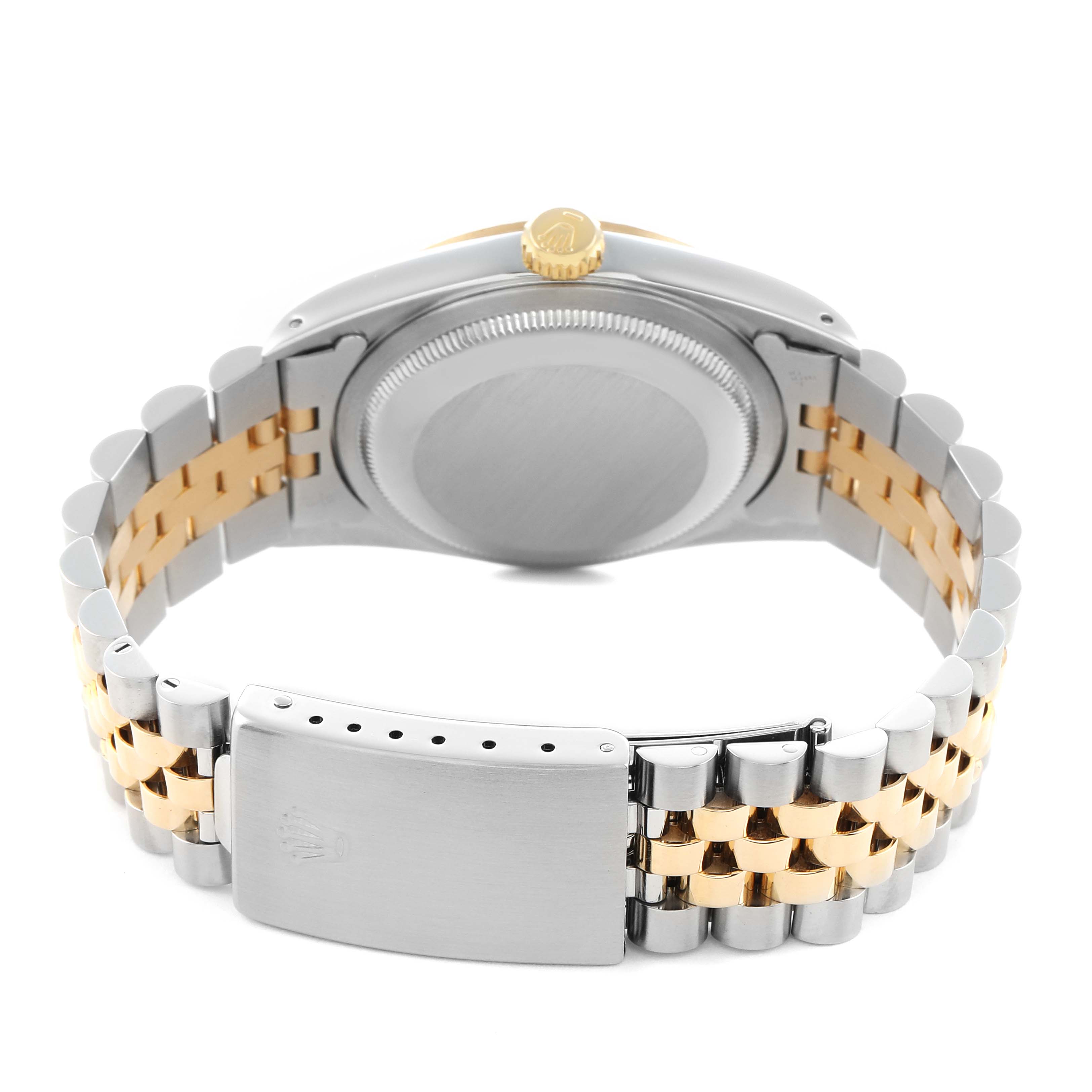 The image shows the back view of a Rolex Datejust 16233 Men
s Steel and Gold (two tone) Blue Dial watch, highlighting the case back, crown, and Jubilee bracelet.