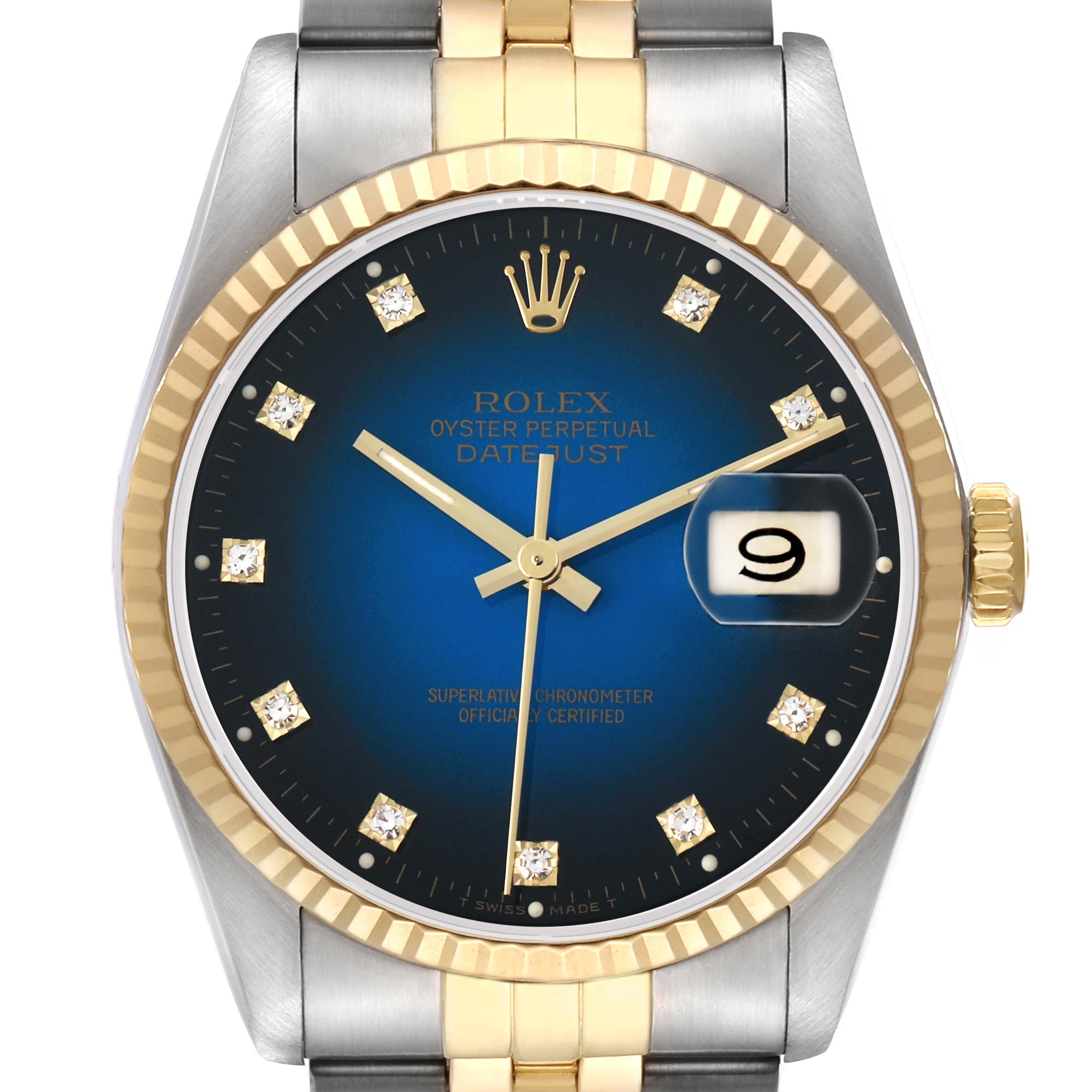 The Rolex Datejust 16233 Men
s Steel and Gold (two tone) Blue Dial watch is shown from a front angle, highlighting its blue dial, gold bezel, and Jubilee bracelet.