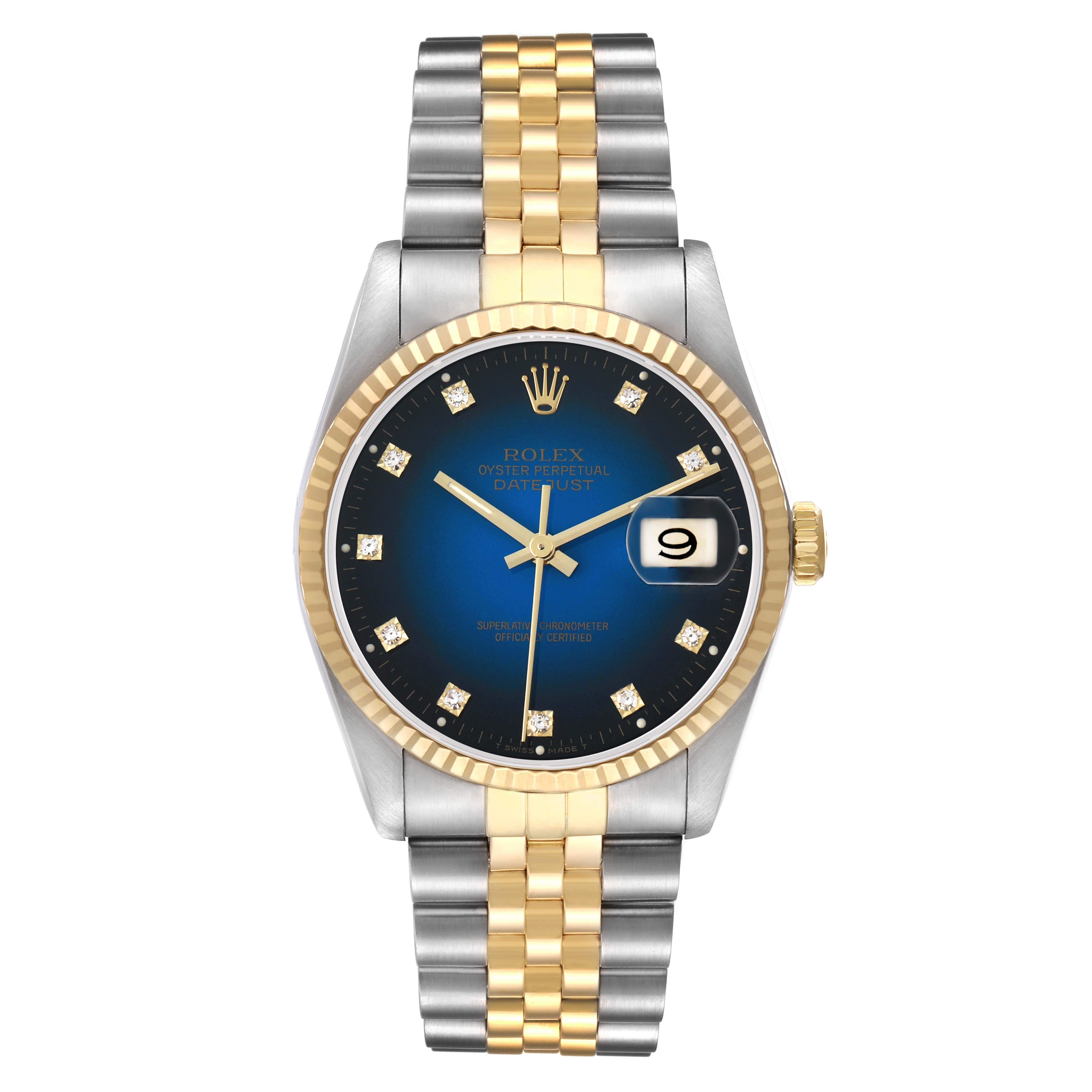 The Rolex Datejust 16233 Men
s Steel and Gold (two tone) Blue Dial watch is shown from the front, highlighting its blue dial, date window, and two-tone bracelet.