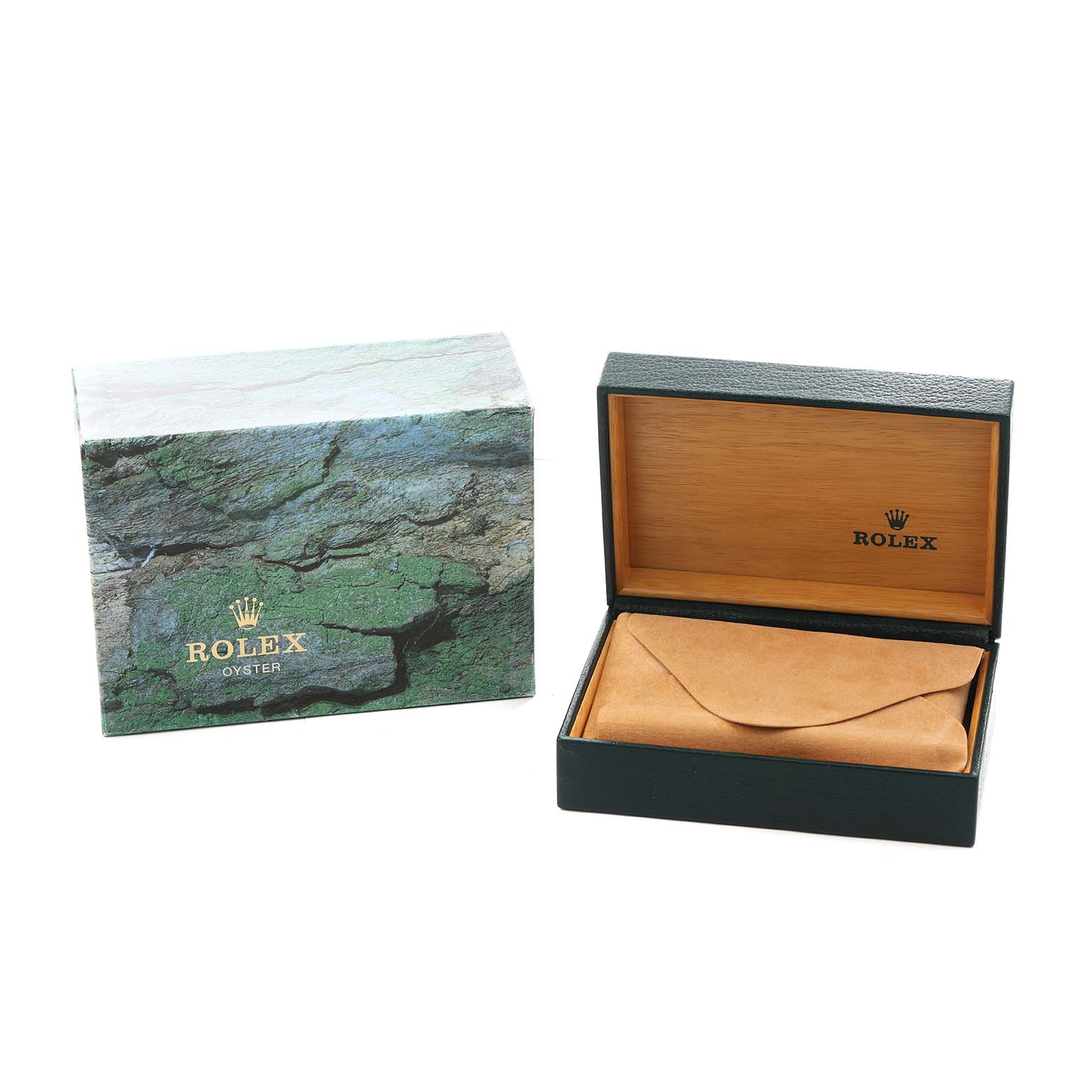 The image shows the packaging and box for a Rolex Datejust 16233 Men
s Steel and Gold (two tone) Blue Dial, including an outer box with a green design and an open interior box with a brown pouch.