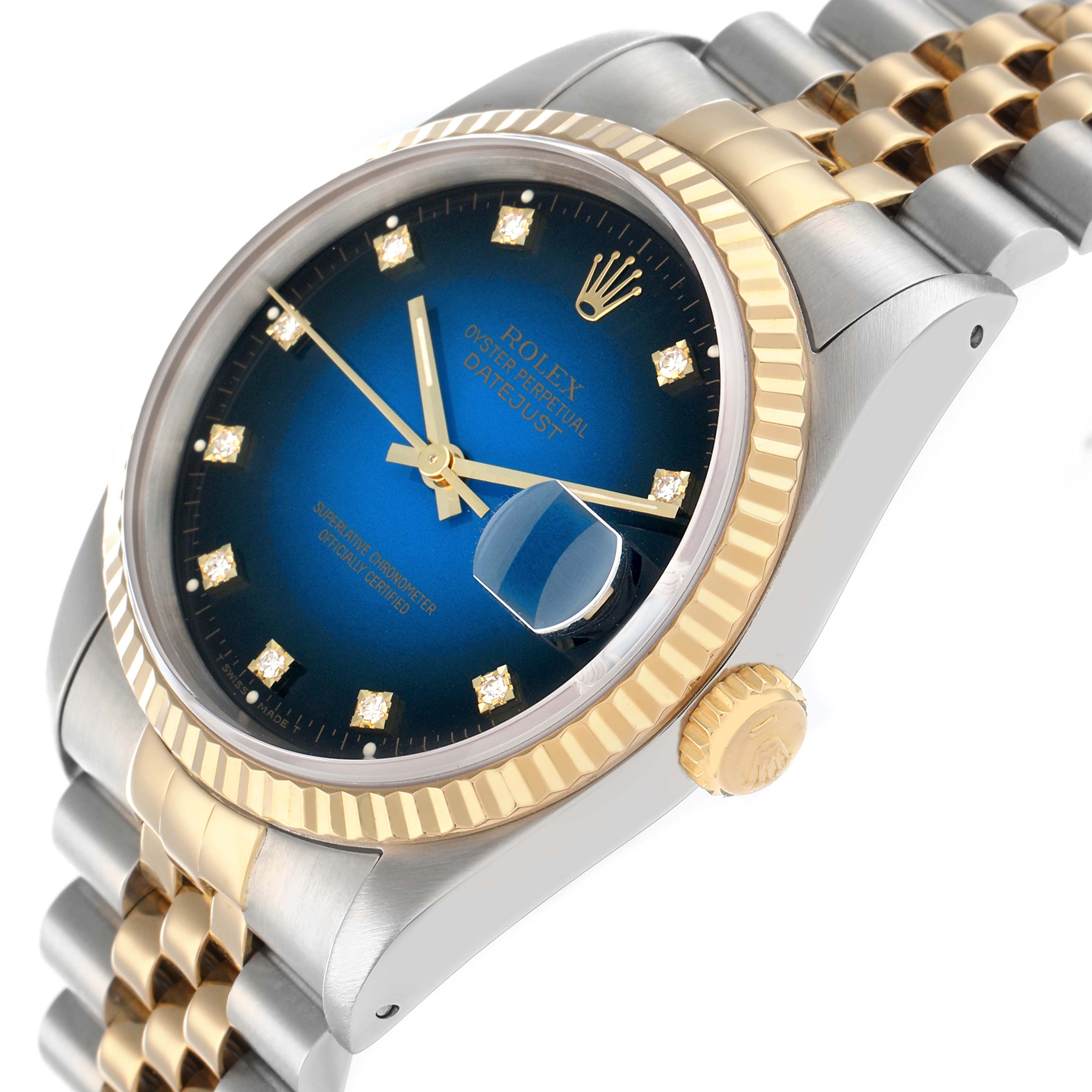 The Rolex Datejust 16233 Men
s Steel and Gold (two tone) Blue Dial watch is shown from a side angle, displaying the bezel, crown, bracelet, and face with a blue dial and diamond markers.