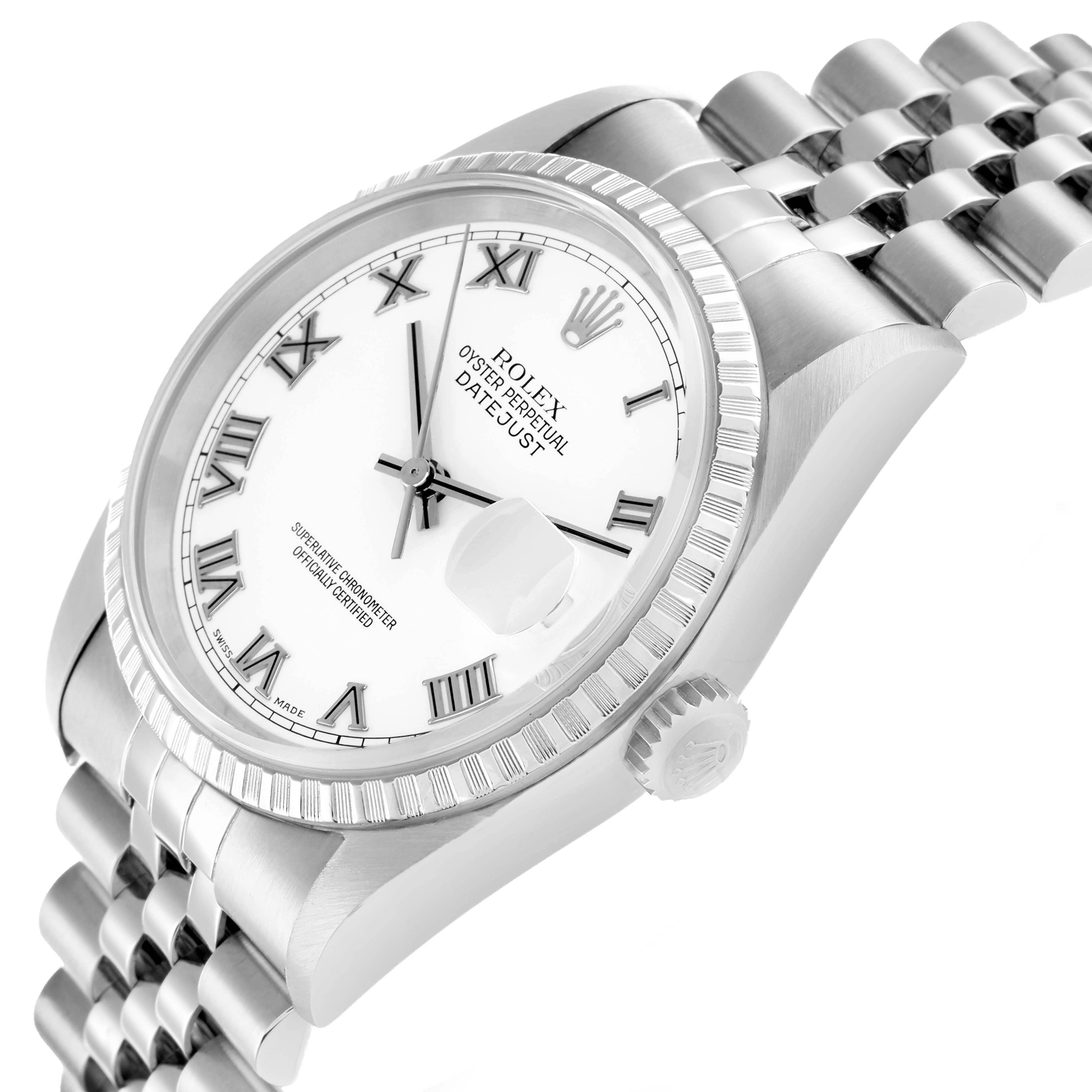 The Rolex Datejust 16220 Men
s Stainless Steel White Dial watch is shown at a slight angle, highlighting the face, case, crown, and part of the bracelet.