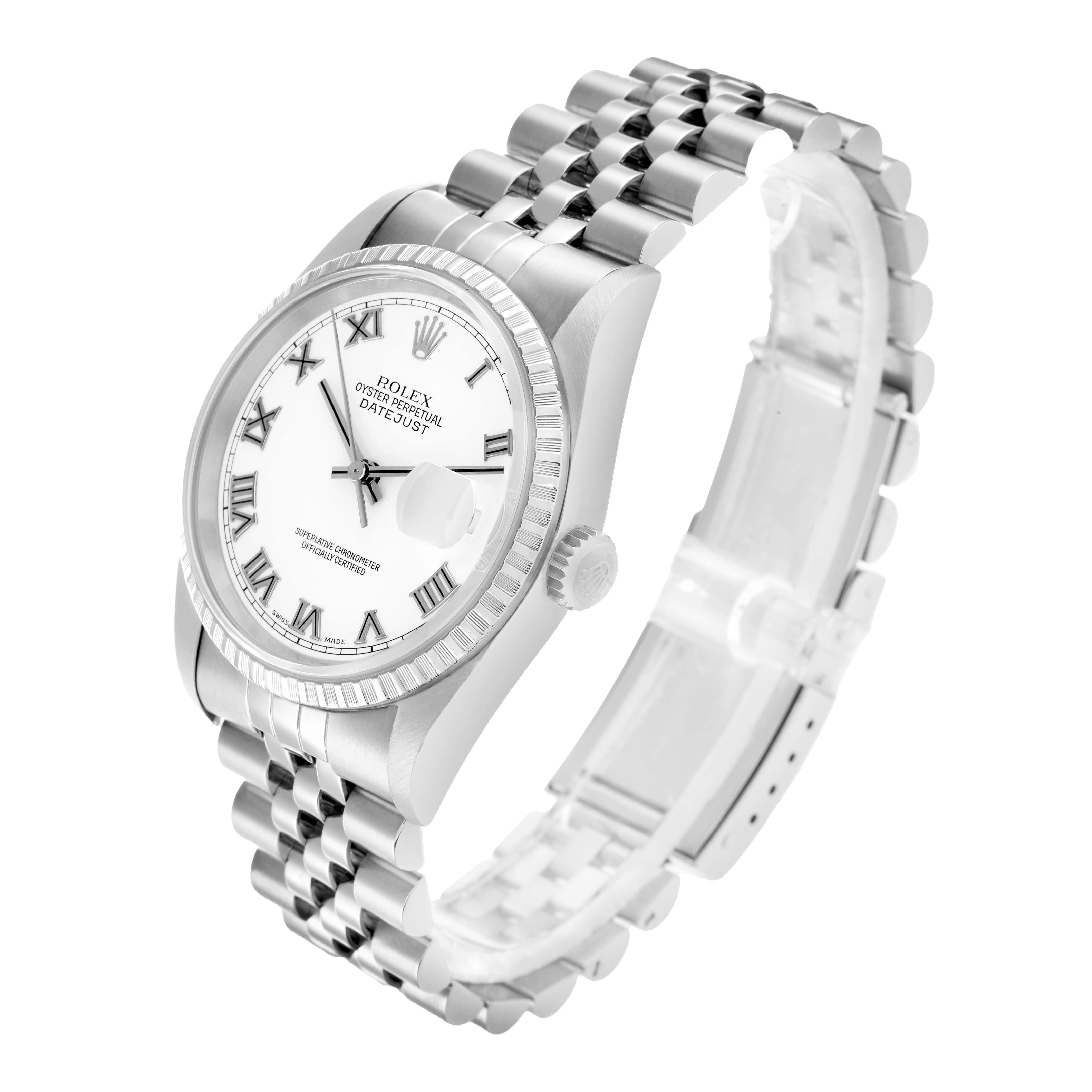 The Rolex Datejust 16220 Men
s Stainless Steel White Dial watch is shown at a three-quarter angle, highlighting the dial, bezel, crown, and bracelet.