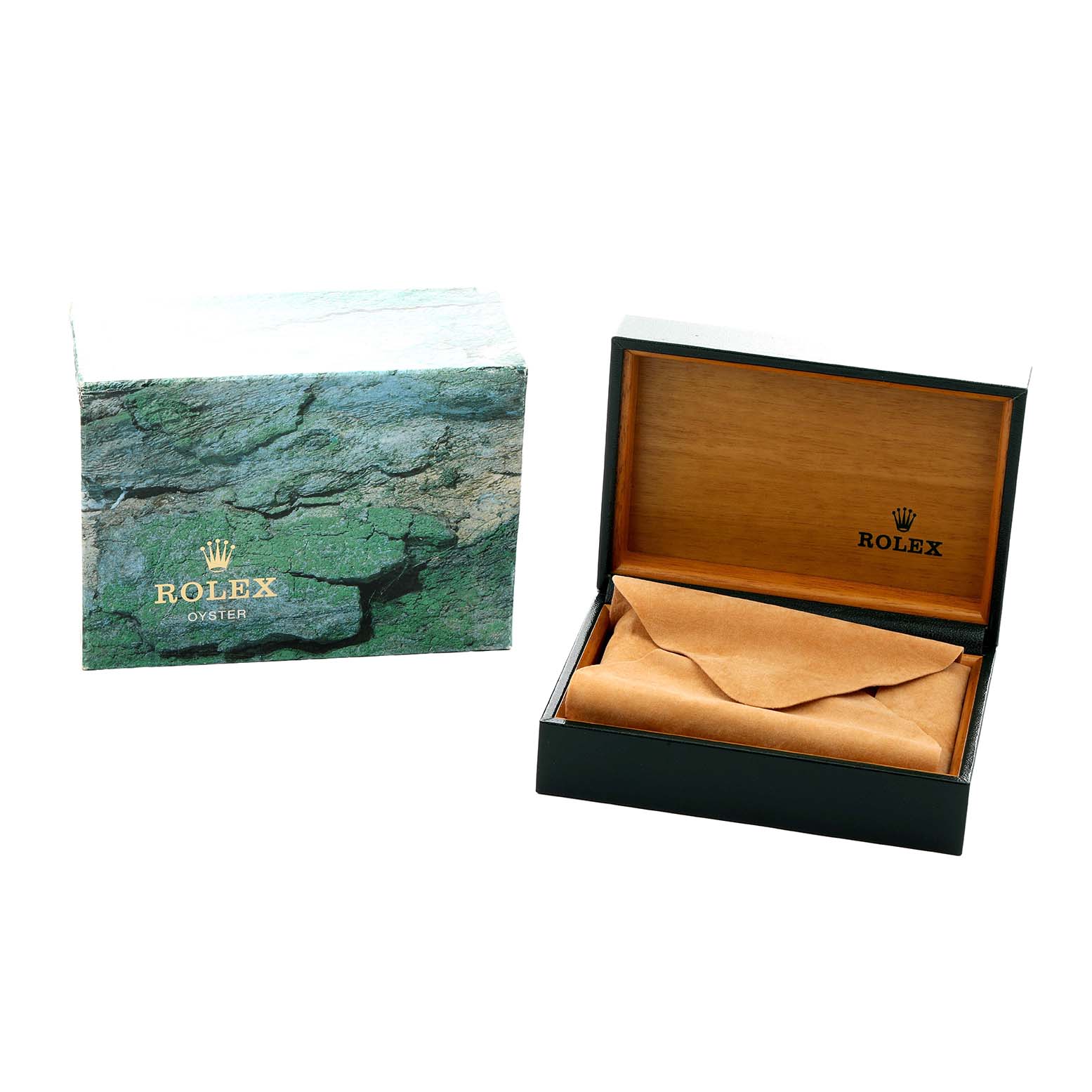 The image shows a Rolex Datejust 16220 Men
s Stainless Steel White Dial watch box at an angle, including its outer packaging and inner presentation box.