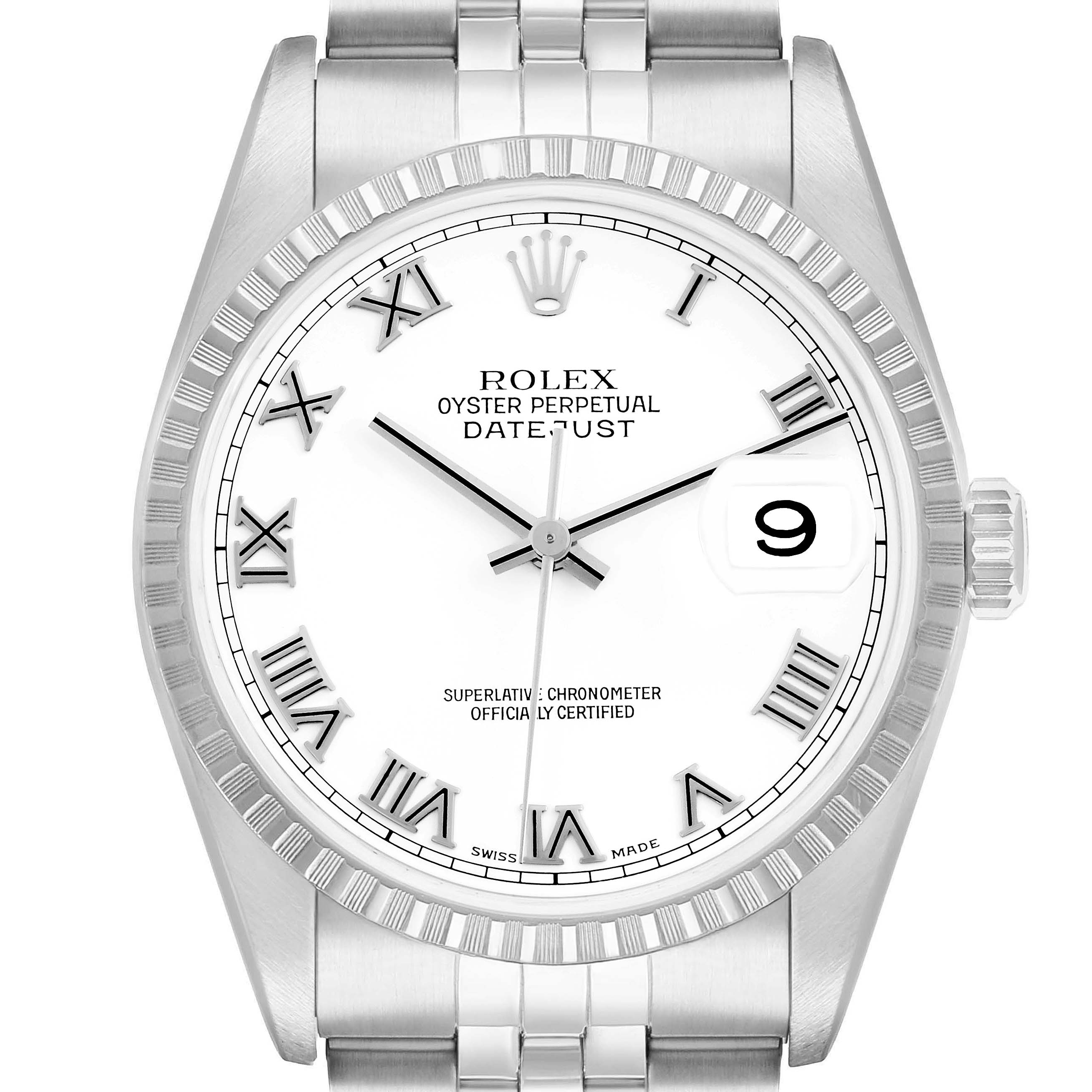 The Rolex Datejust 16220 Men
s Stainless Steel White Dial watch is shown from the front, highlighting the dial, bezel, and part of the bracelet.