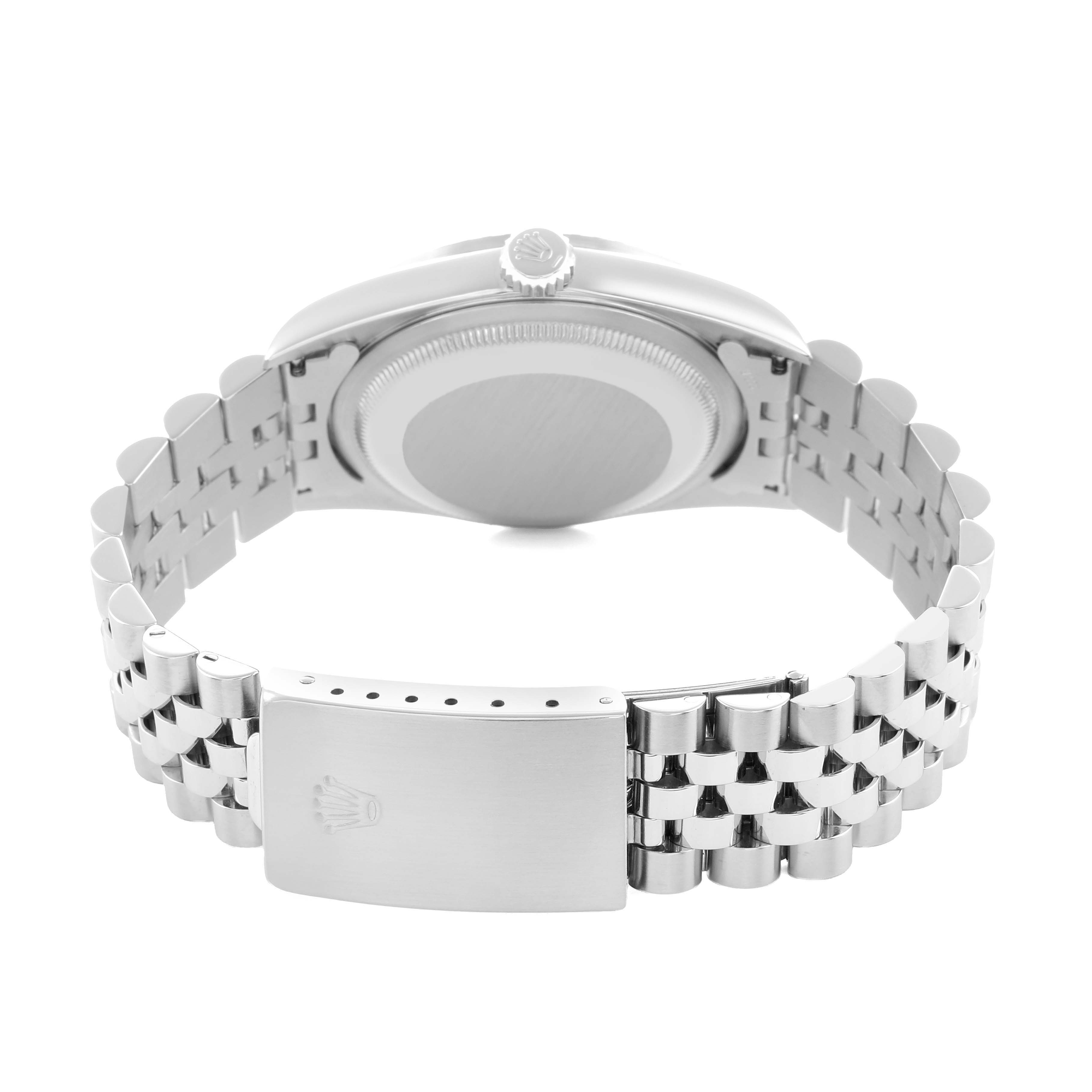 The image shows the back view of a Rolex Datejust 16220 Men
s Stainless Steel White Dial, displaying the case back and bracelet clasp.