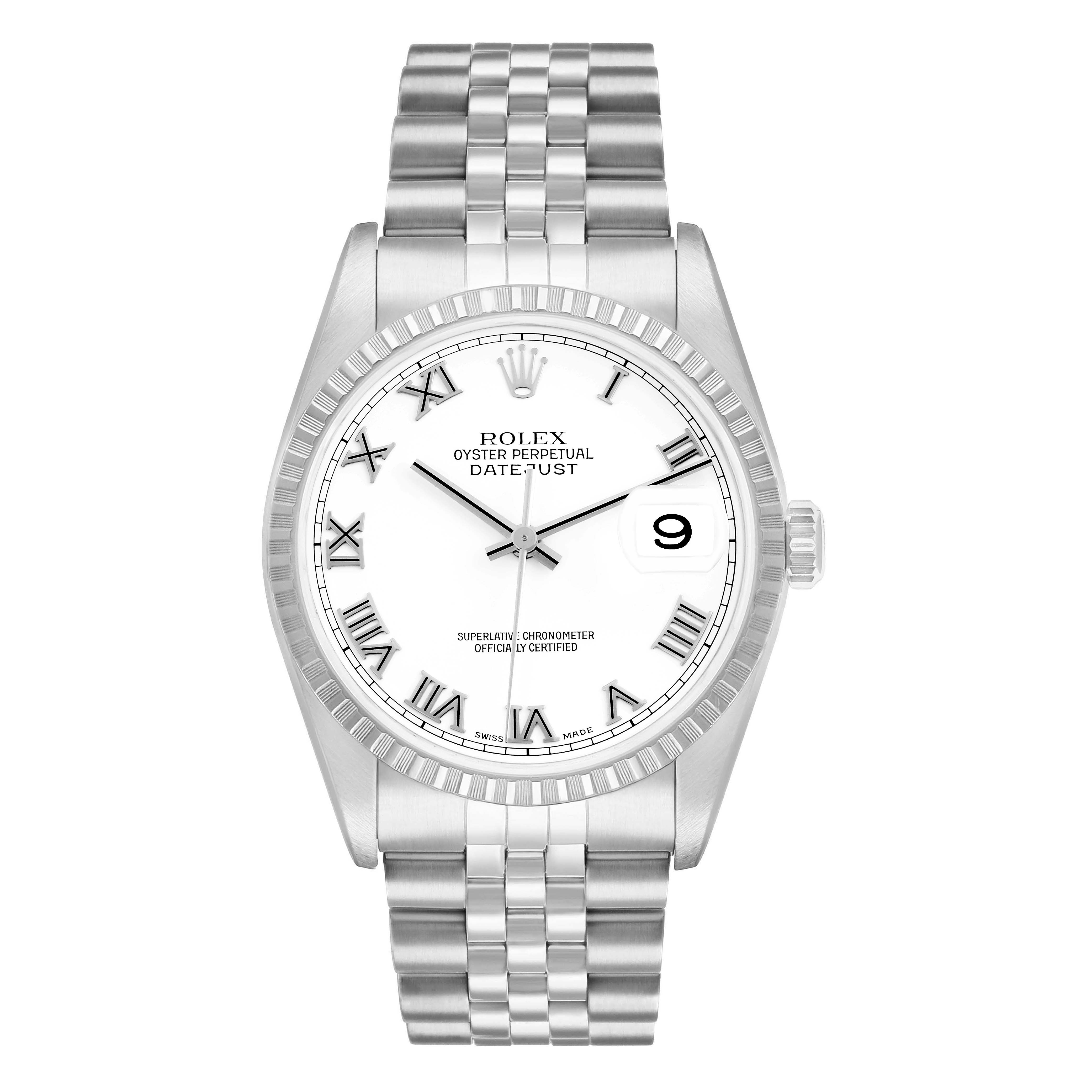 The Rolex Datejust 16220 Men
s Stainless Steel White Dial watch is shown from a top-down angle, displaying the dial, bezel, bracelet, and crown.