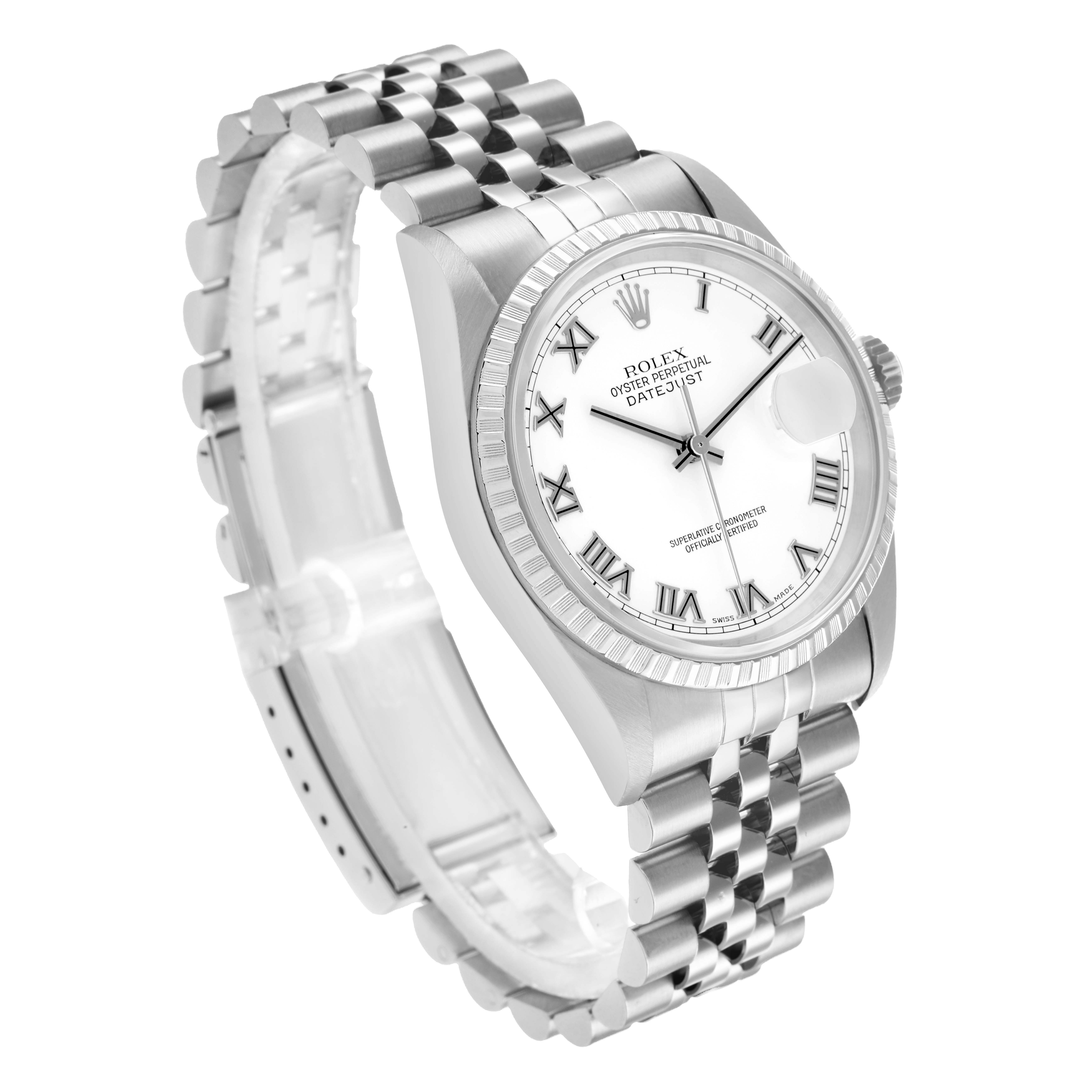 The Rolex Datejust 16220 Men
s Stainless Steel White Dial watch is angled to show the face, bezel, and jubilee bracelet from a slightly upper-left perspective.