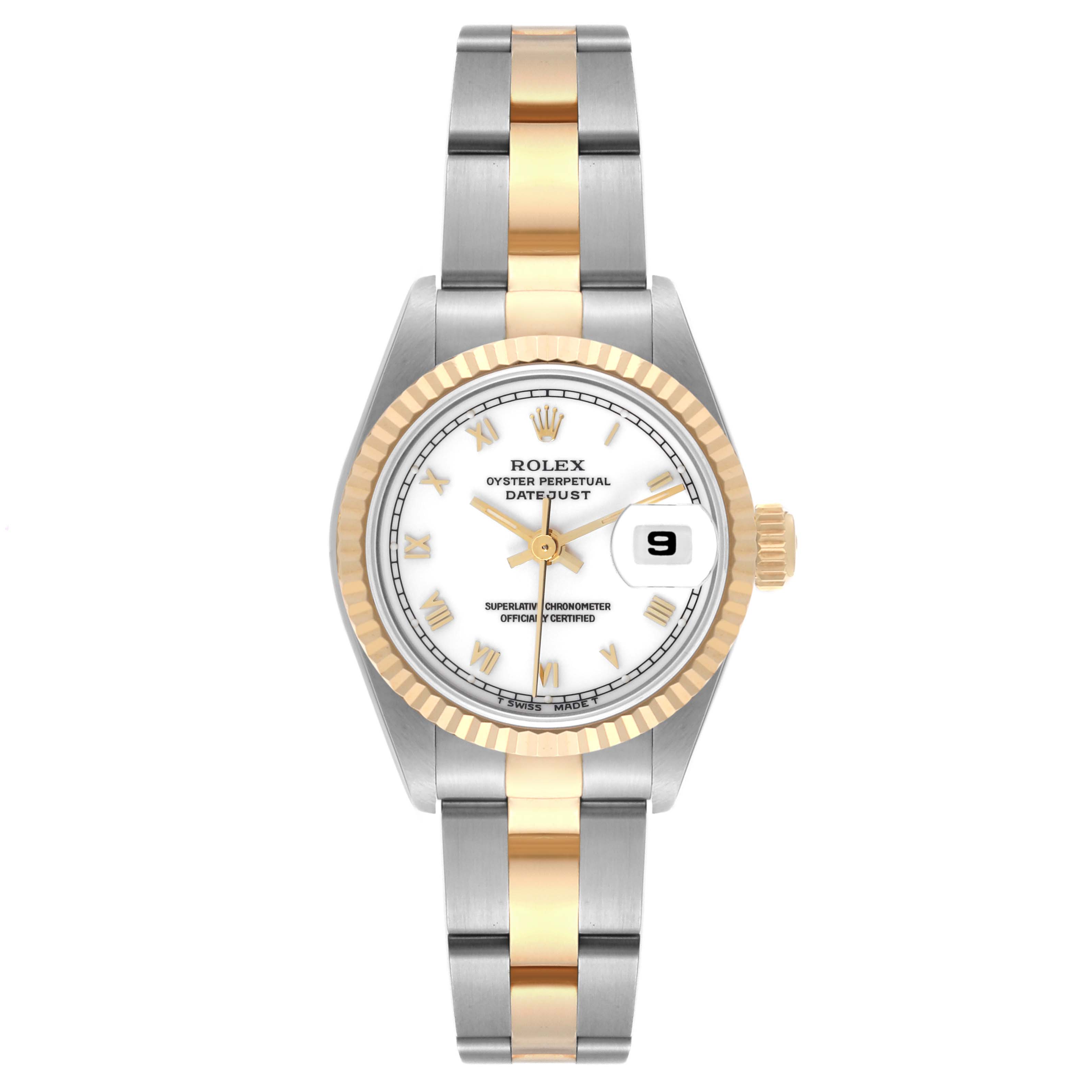 The image shows a Rolex Datejust 69173 Women
s Steel and Gold (two tone) White Dial 69173 Women
s Steel and Gold (two tone) White Dial watch from a top-down angle, displaying the dial, bezel, case, and bracelet.