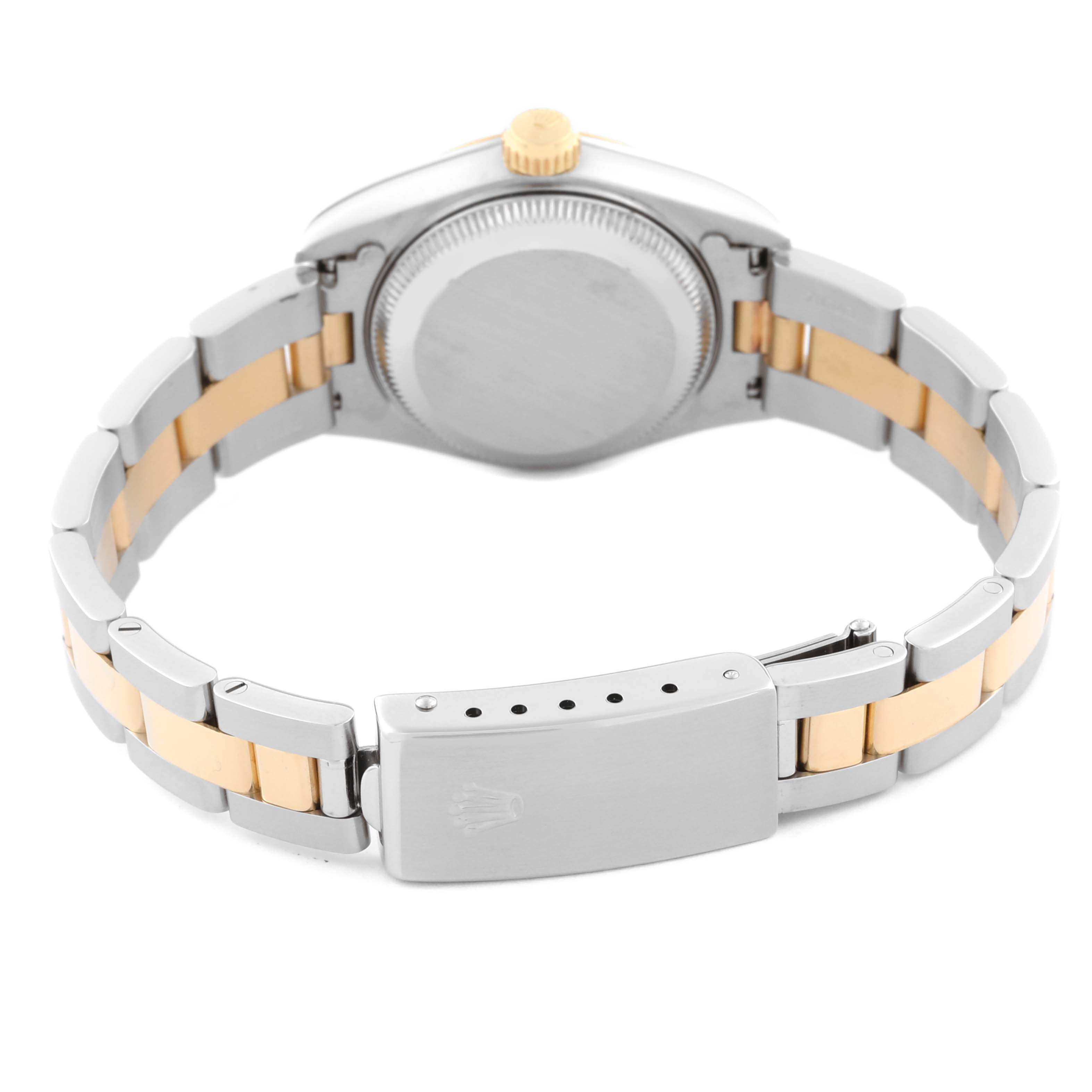 This image shows the back side and clasp of a Rolex Datejust 69173 Women
s Steel and Gold (two tone) White Dial 69173 Women
s Steel and Gold (two tone) White Dial watch, highlighting the bracelet and case back.