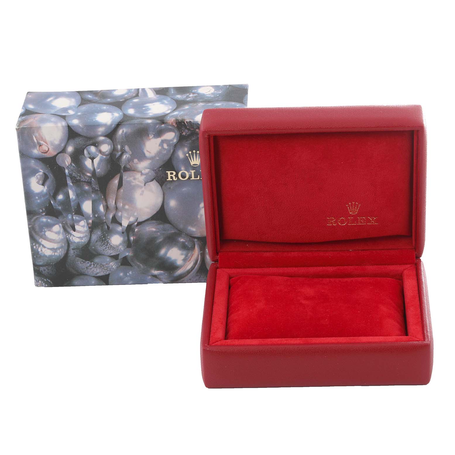 This image shows an empty red Rolex watch box for the Datejust model, alongside its decorative outer packaging.