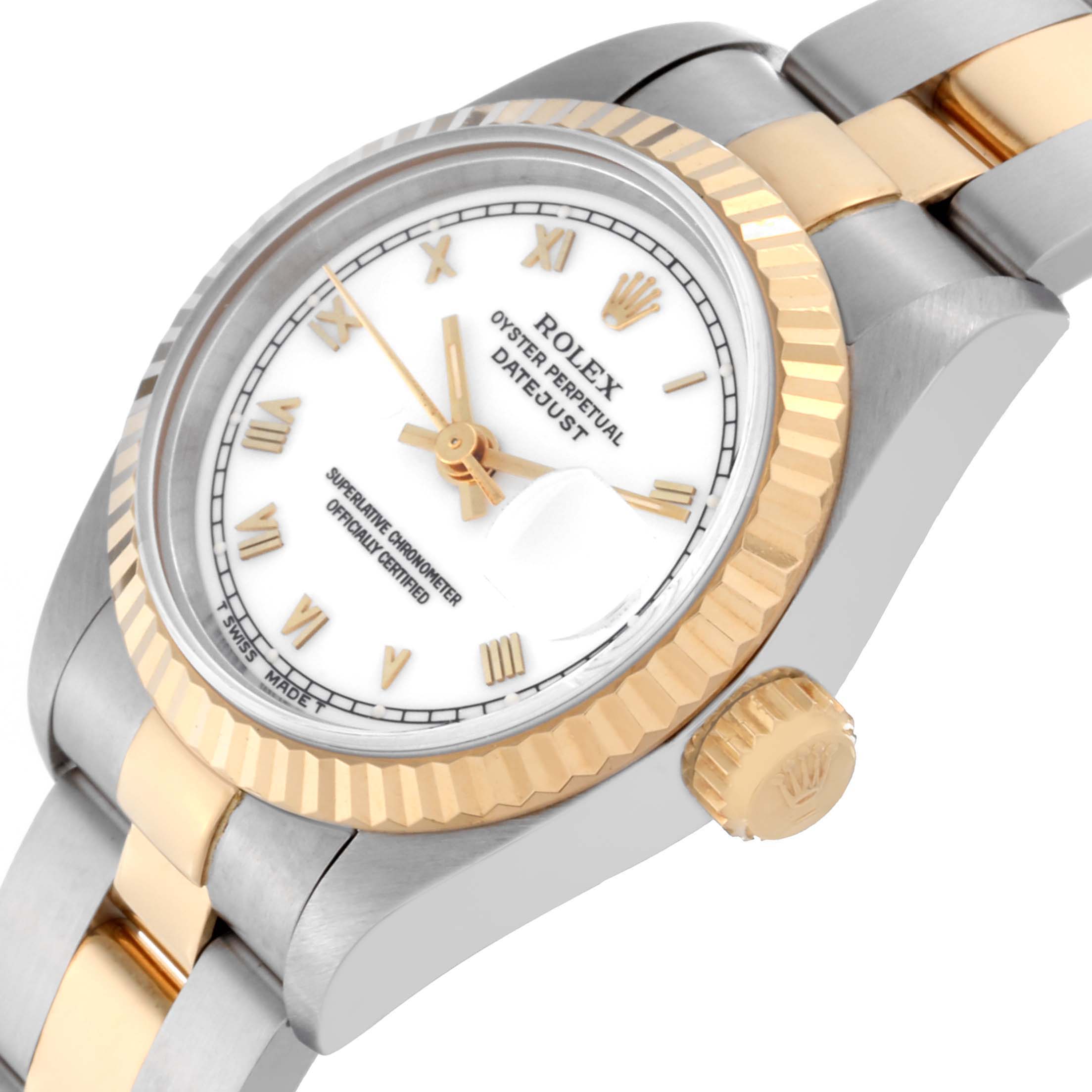 The image shows a Rolex Datejust 69173 Women
s Steel and Gold (two tone) White Dial 69173 Women
s Steel and Gold (two tone) White Dial watch angled to highlight its dial, crown, and part of the bracelet.