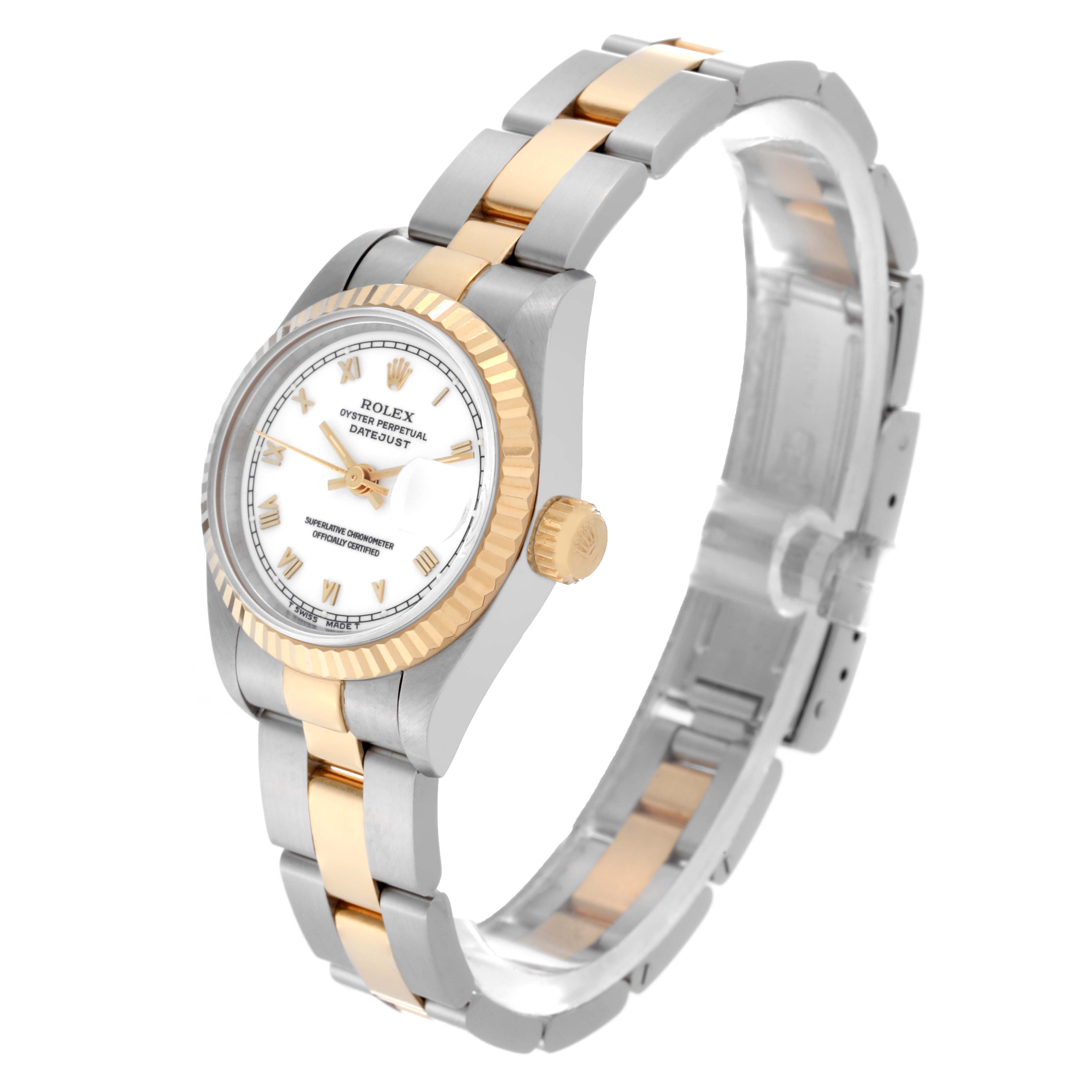 The image shows a Rolex Datejust 69173 Women
s Steel and Gold (two tone) White Dial 69173 Women
s Steel and Gold (two tone) White Dial watch angled slightly from above, highlighting the dial, bezel, crown, and bracelet.
