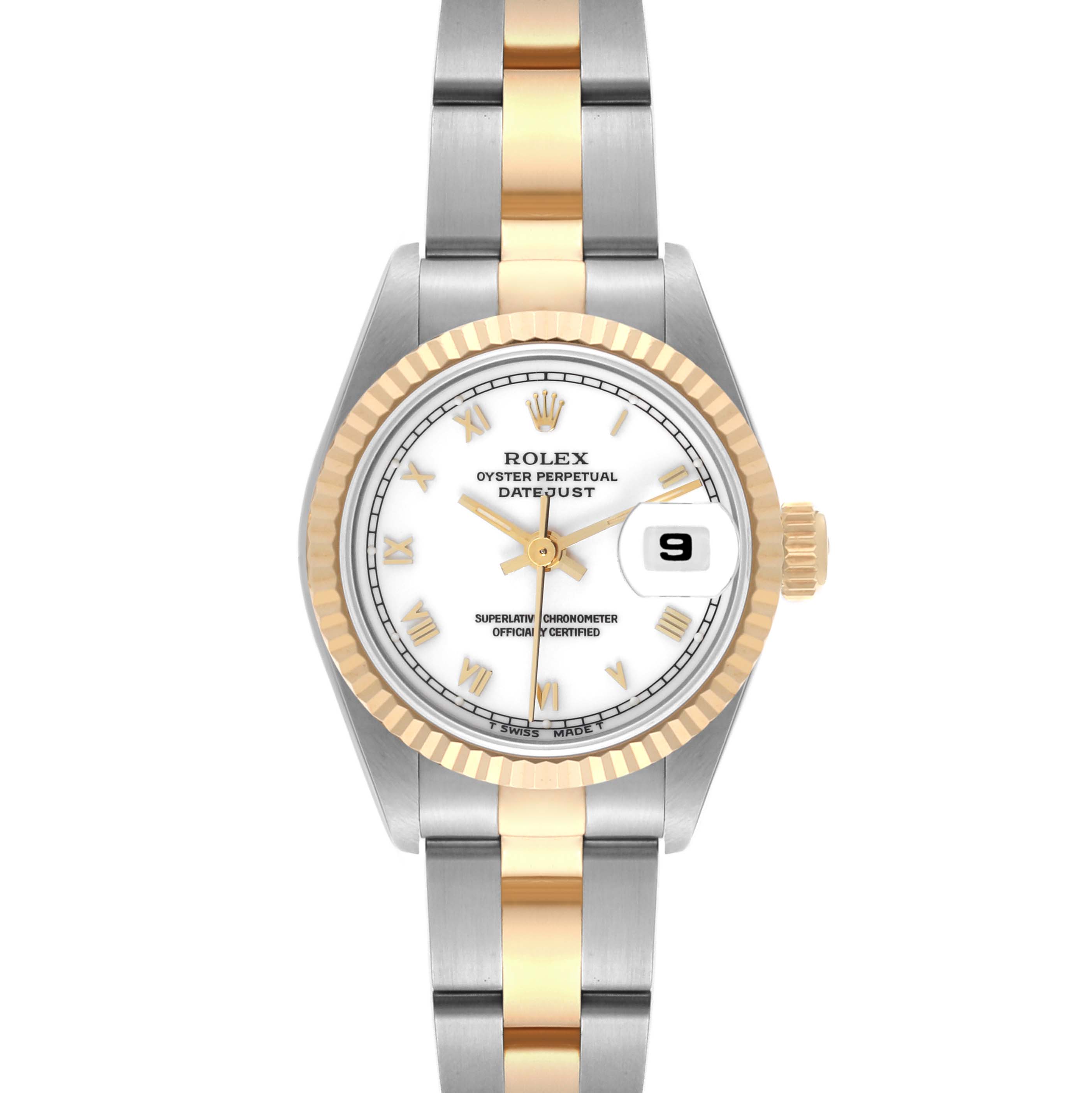 This image shows a front view of a Rolex Datejust 69173 Women
s Steel and Gold (two tone) White Dial 69173 Women
s Steel and Gold (two tone) White Dial watch, highlighting its two-tone bracelet, fluted bezel, and date display.