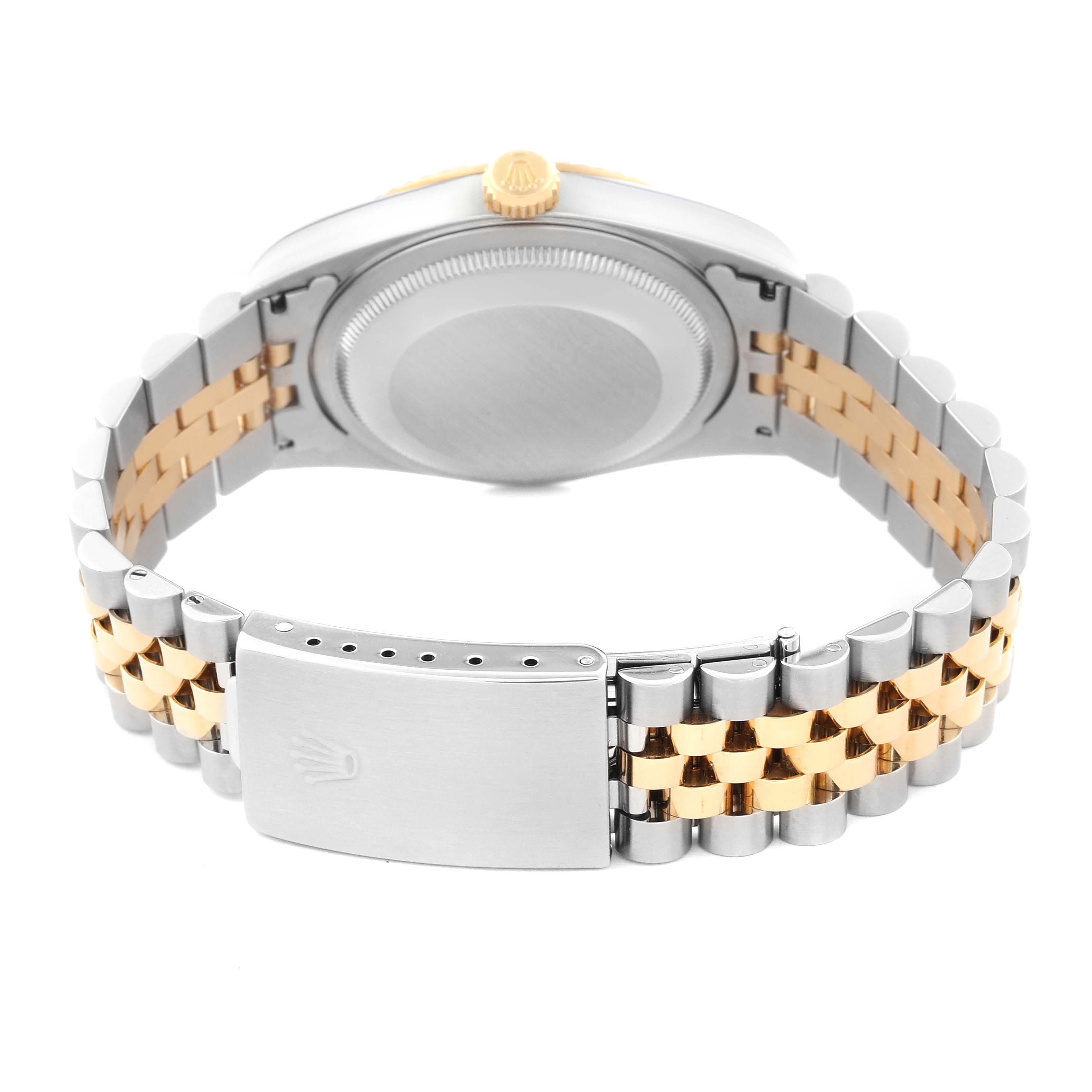The image shows the back of a Rolex Datejust 16233 Men's Steel and Gold (two tone) White Dial 16233 Men's Steel and Gold (two tone) White Dial watch with a stainless steel and gold Jubilee bracelet.