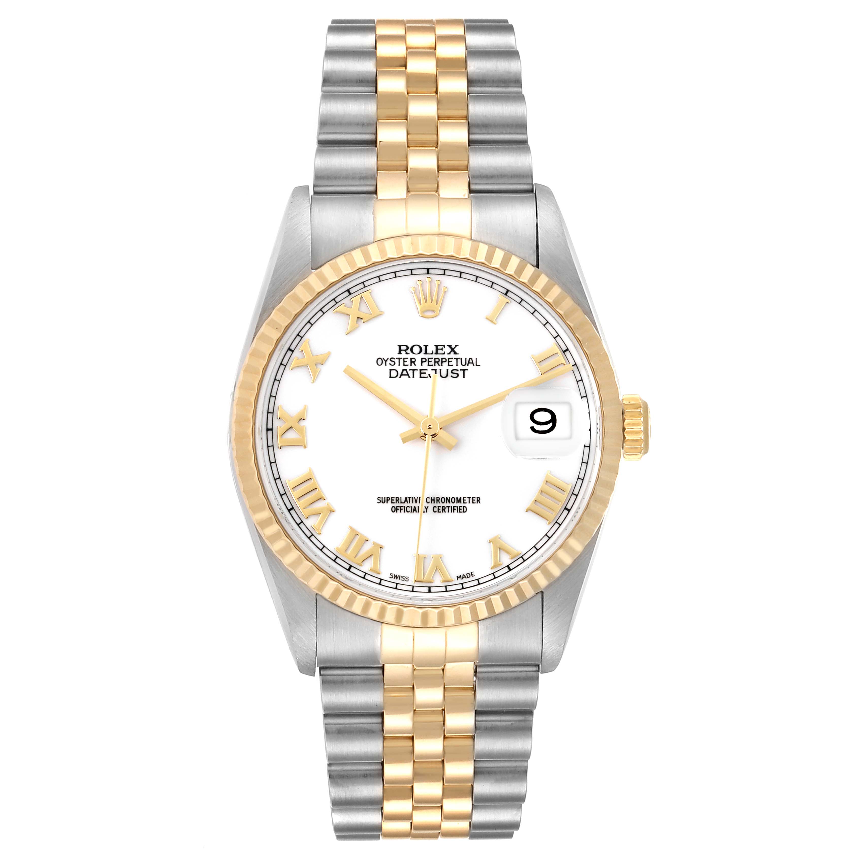This Rolex Datejust 16233 Men's Steel and Gold (two tone) White Dial 16233 Men's Steel and Gold (two tone) White Dial model is shown from the front, displaying its dial, bezel, crown, and two-tone bracelet.