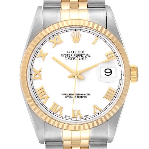 This image displays a head-on view of a Rolex Datejust watch, highlighting the face, bezel, and part of the bracelet.