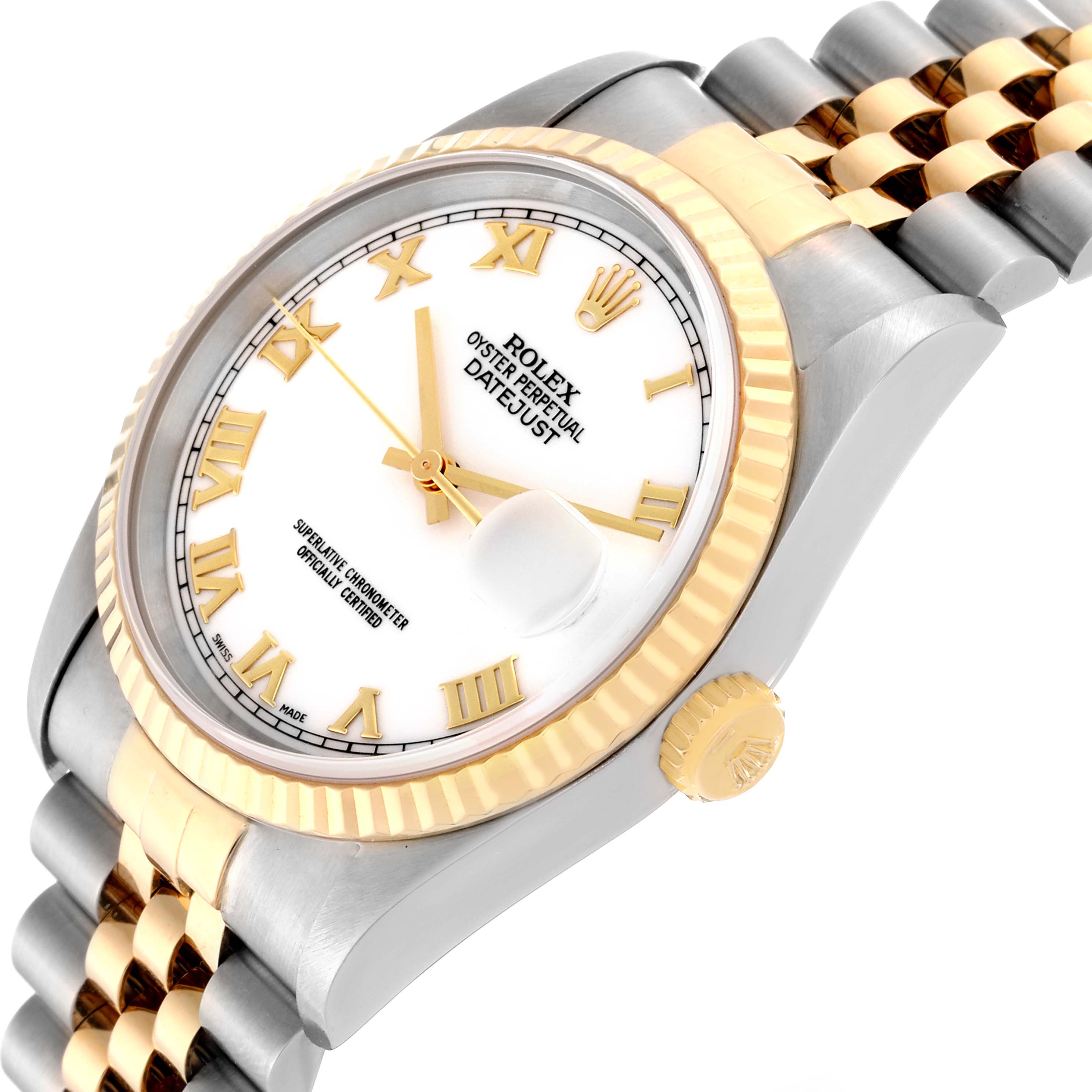 This Rolex Datejust 16233 Men's Steel and Gold (two tone) White Dial 16233 Men's Steel and Gold (two tone) White Dial watch is shown at a slight angle, highlighting its white dial, gold Roman numerals, and two-tone bracelet.