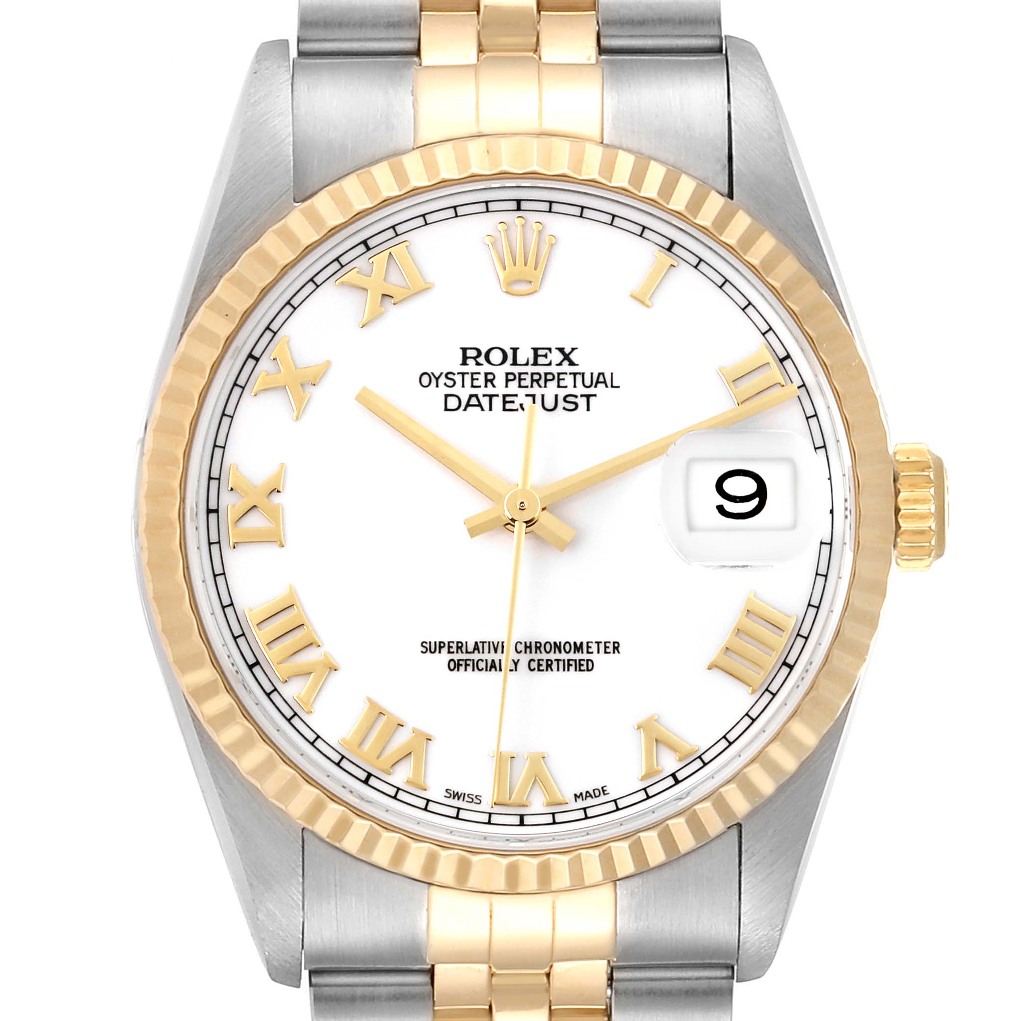 This image shows a frontal view of a Rolex Datejust 16233 Men's Steel and Gold (two tone) White Dial 16233 Men's Steel and Gold (two tone) White Dial watch, highlighting the face, dial, and part of its two-tone bracelet.