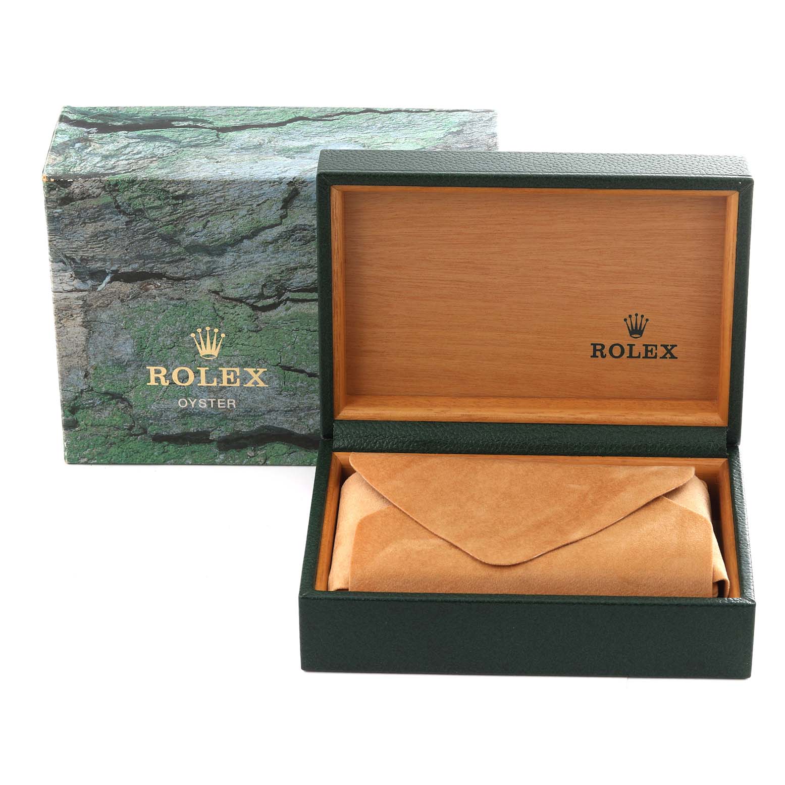 The image shows an open green Rolex box with the inner wooden lid and a beige watch pouch for the Datejust model.
