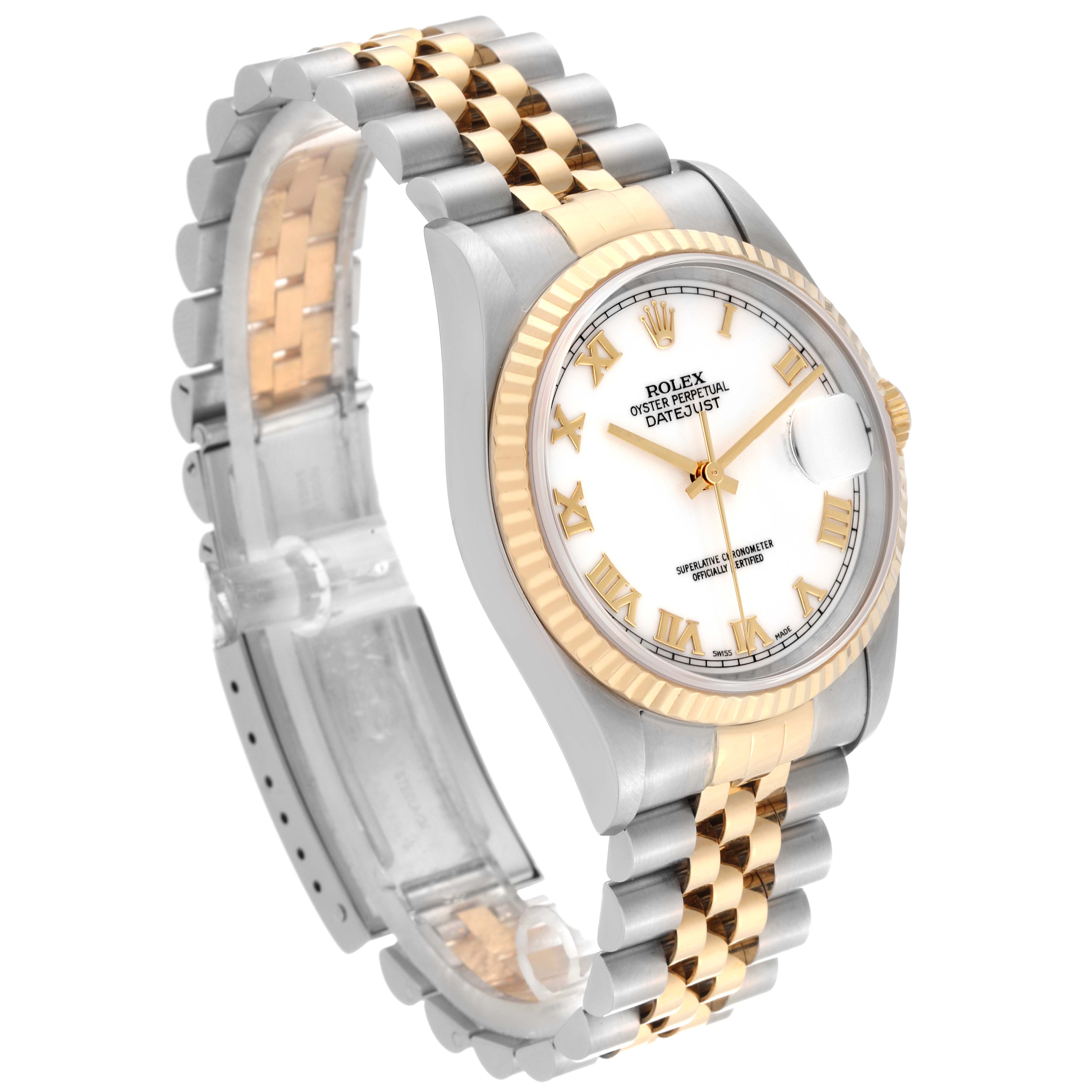 The image shows a Rolex Datejust 16233 Men's Steel and Gold (two tone) White Dial 16233 Men's Steel and Gold (two tone) White Dial watch at a three-quarter angle, highlighting its two-tone bracelet and face with Roman numerals.